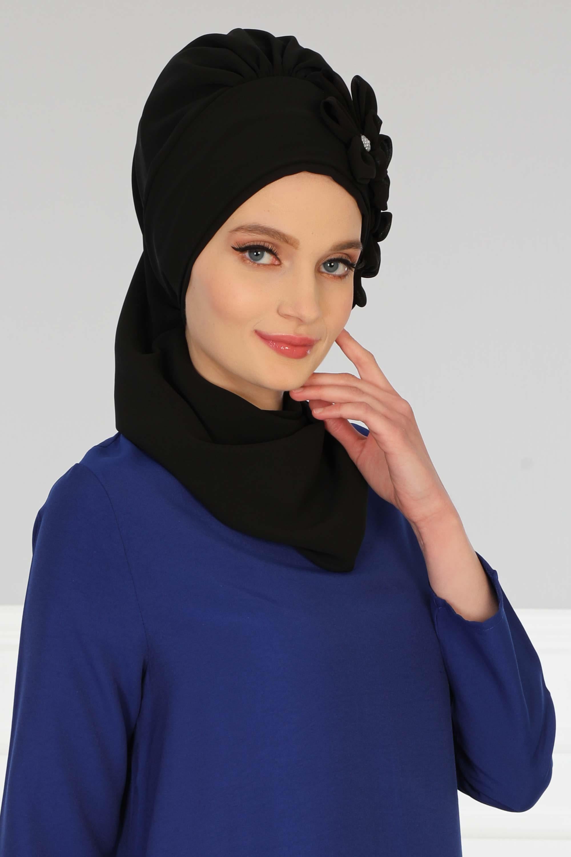 Çiçek Aksesuarlı Tasarım Hazır Şifon Türban,HT-27