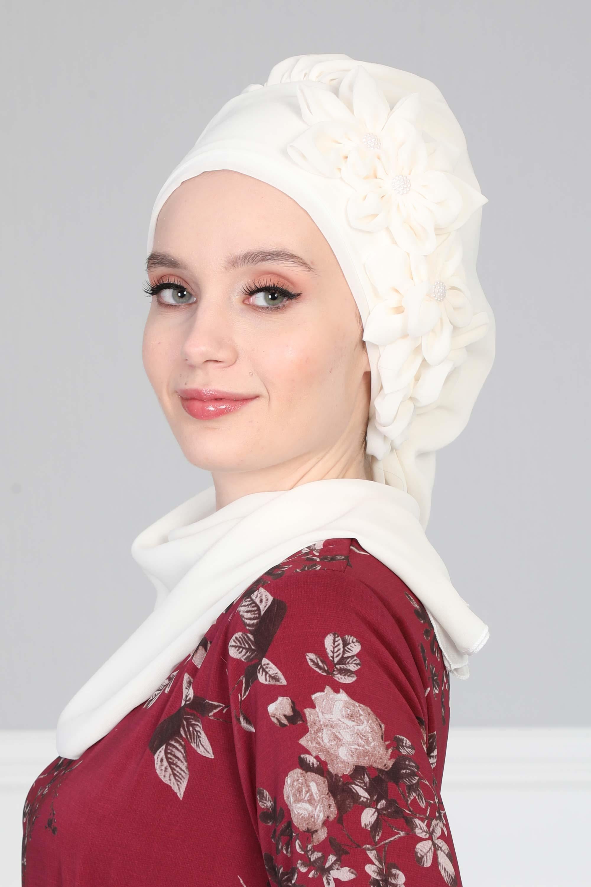 Çiçek Aksesuarlı Tasarım Hazır Şifon Türban,HT-27
