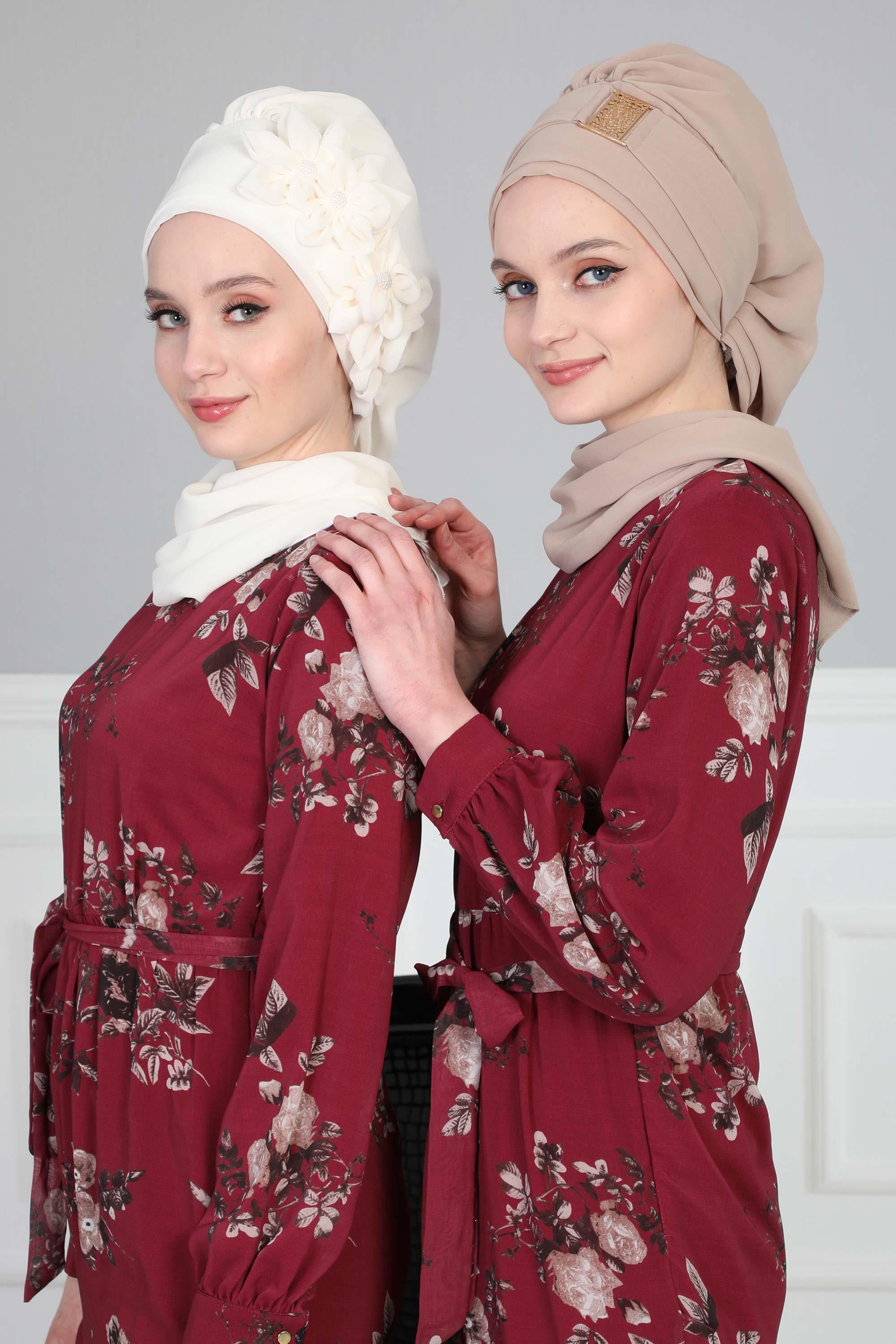 Çiçek Aksesuarlı Tasarım Hazır Şifon Türban,HT-27
