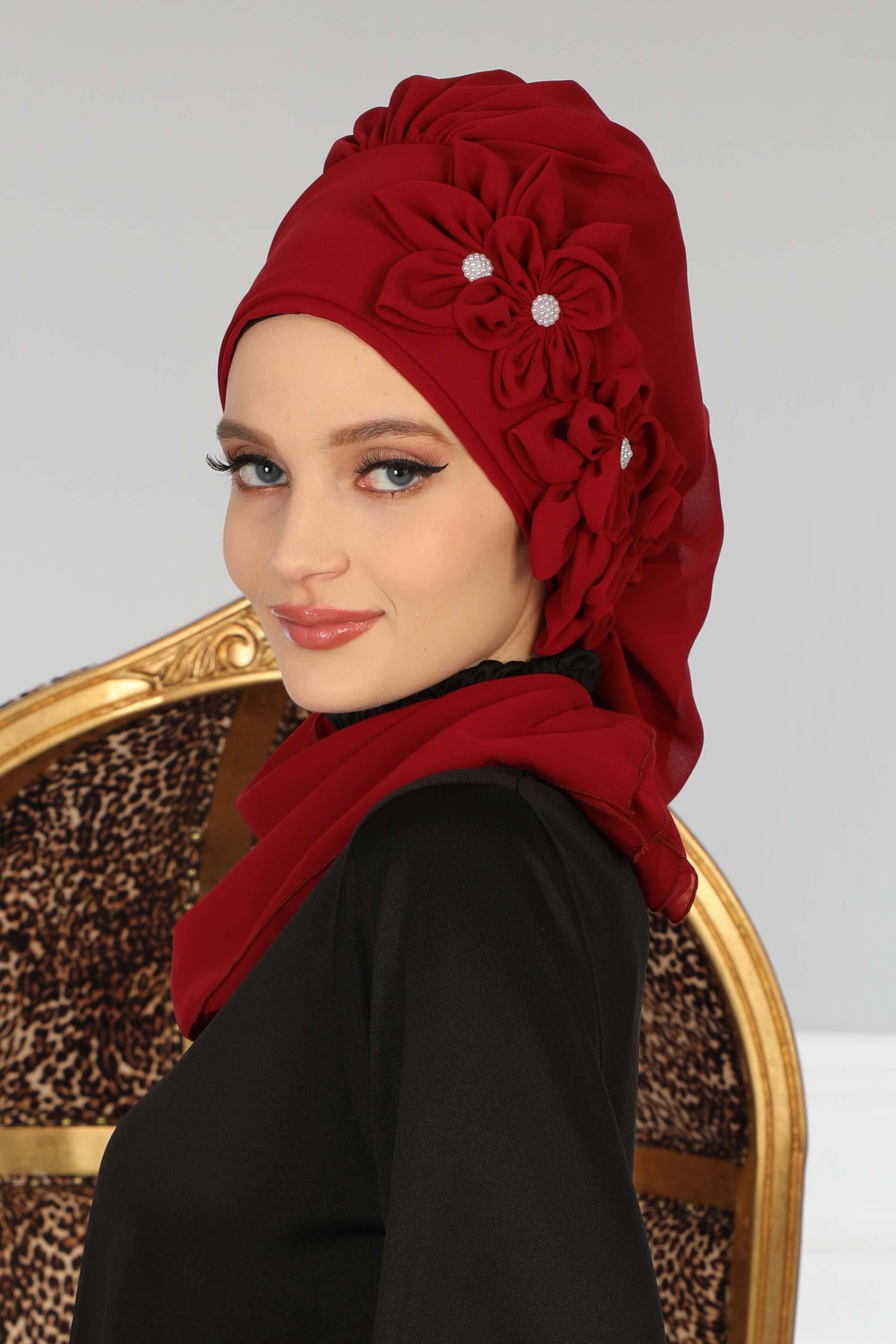 Çiçek Aksesuarlı Tasarım Hazır Şifon Türban,HT-27