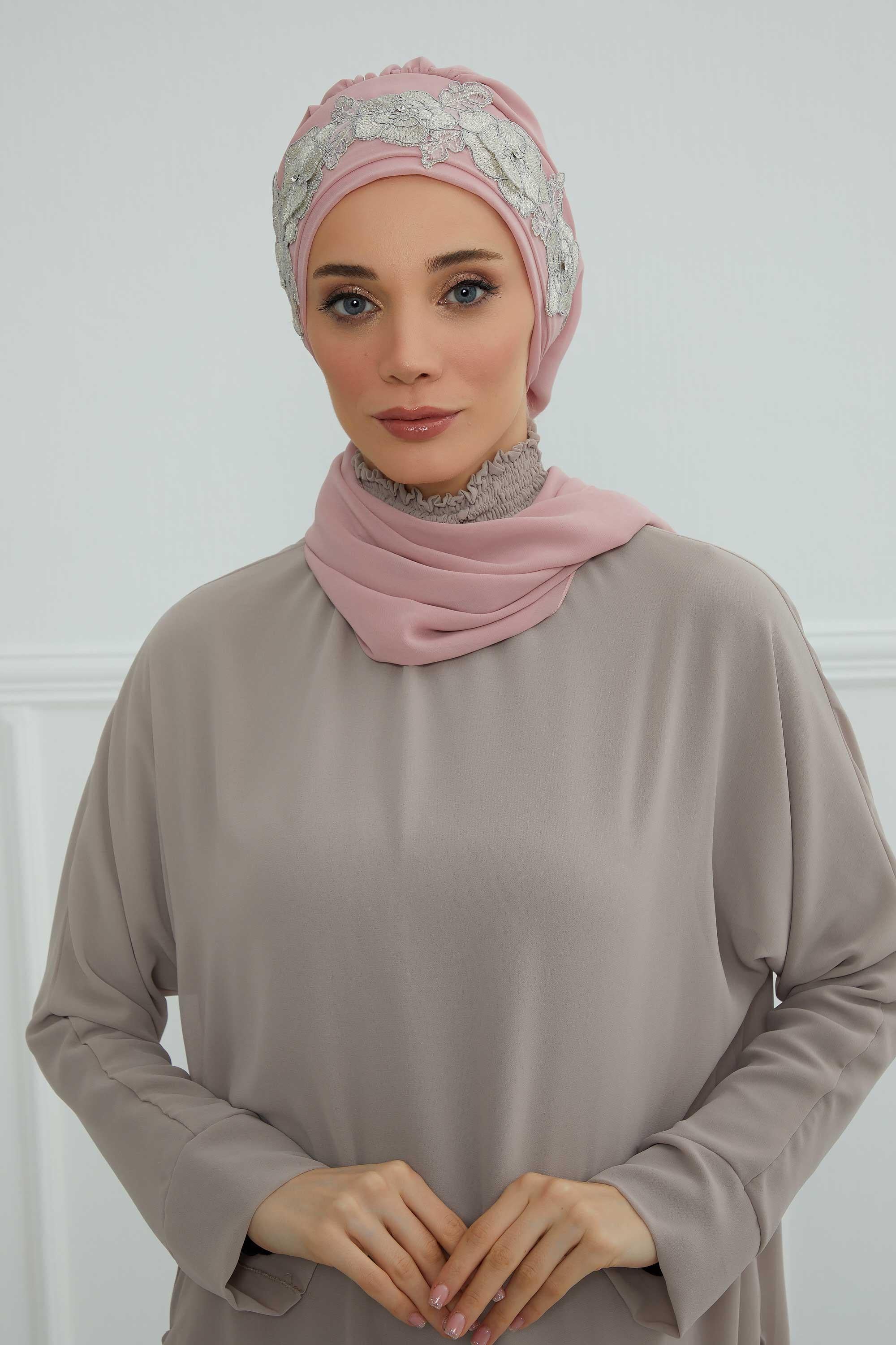 Çiçekli Taç Aksesuarlı Şifon Hazır Türban,HT-103,HT-103