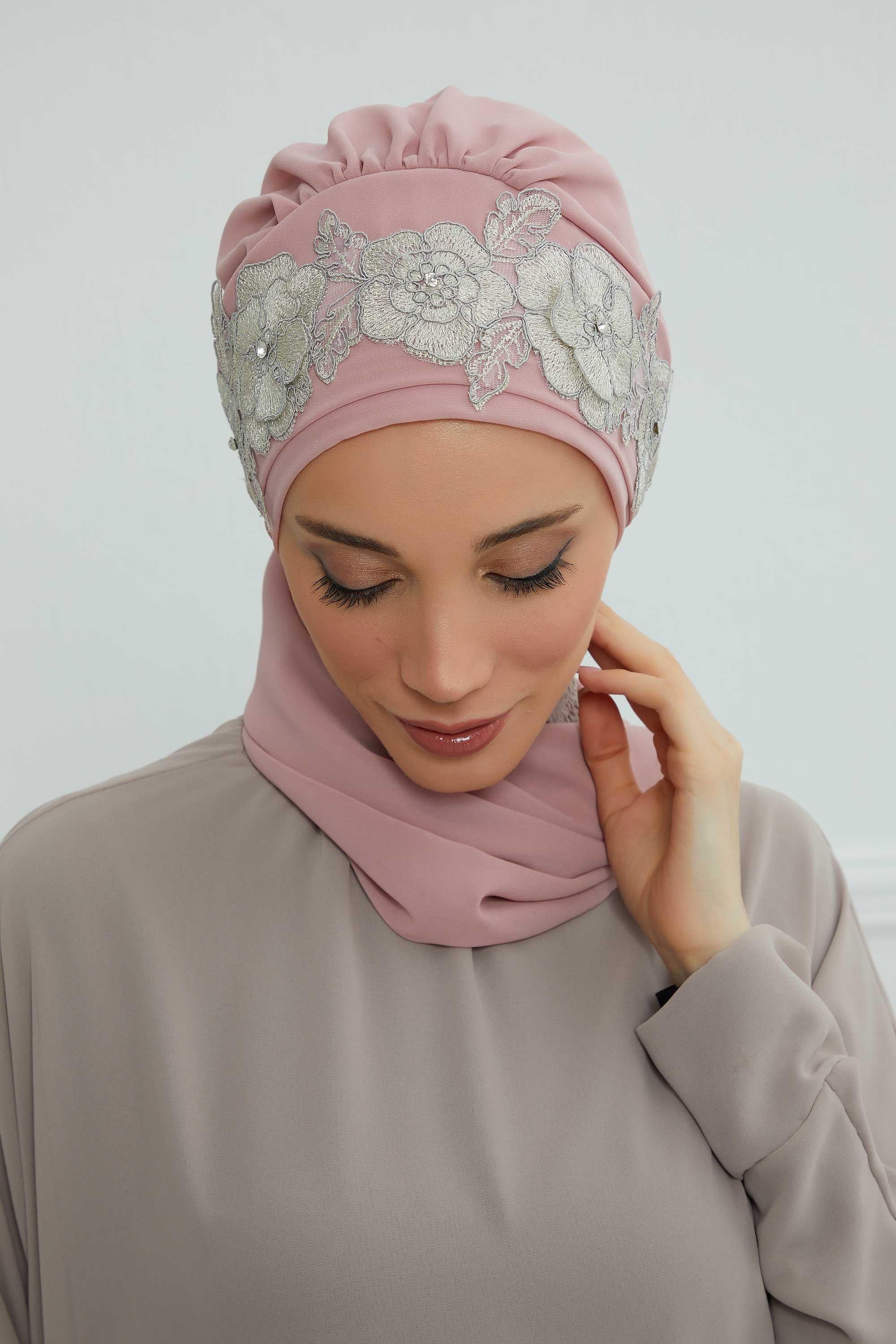 Çiçekli Taç Aksesuarlı Şifon Hazır Türban,HT-103,HT-103