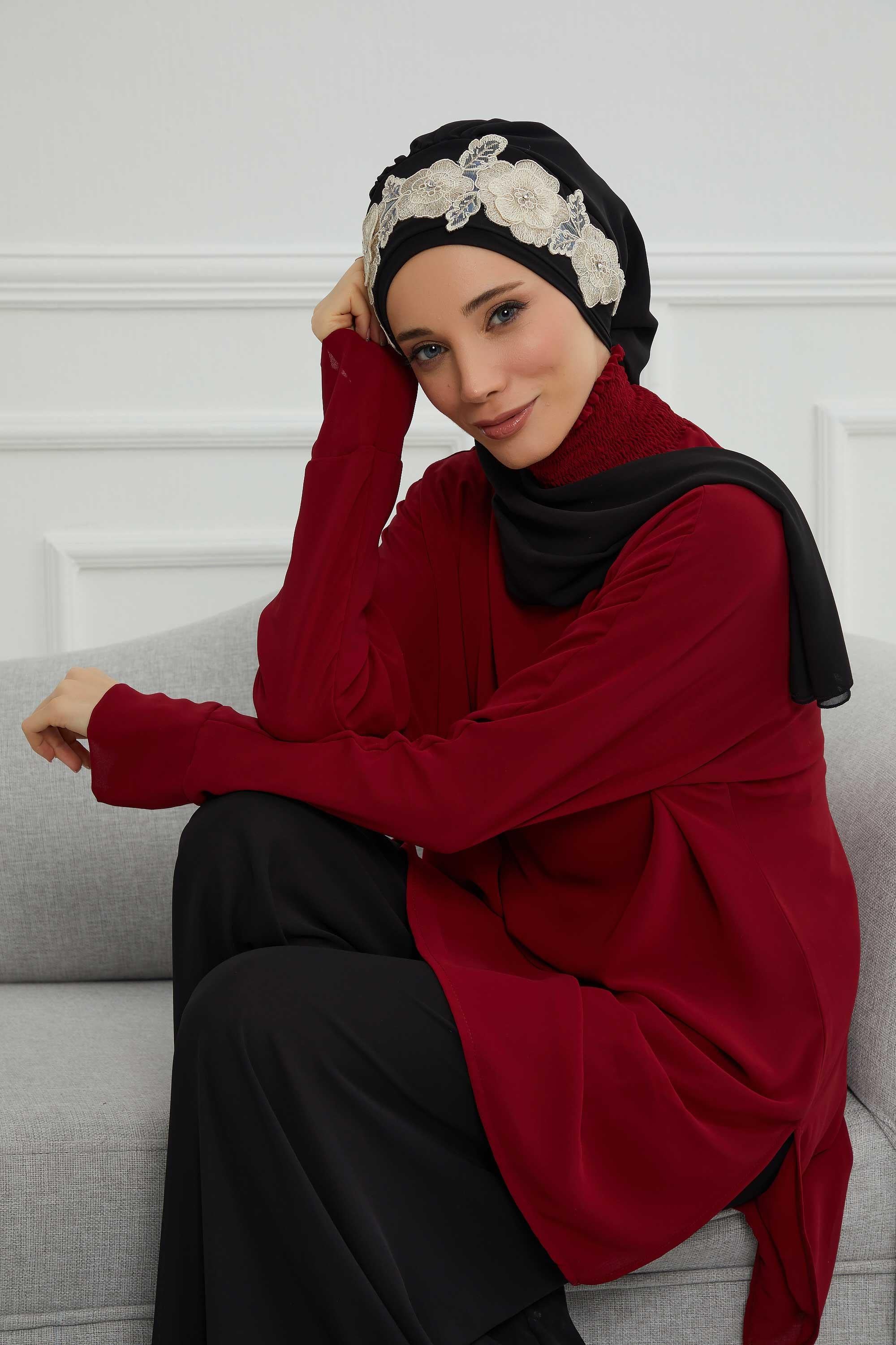 Çiçekli Taç Aksesuarlı Şifon Hazır Türban,HT-103,HT-103