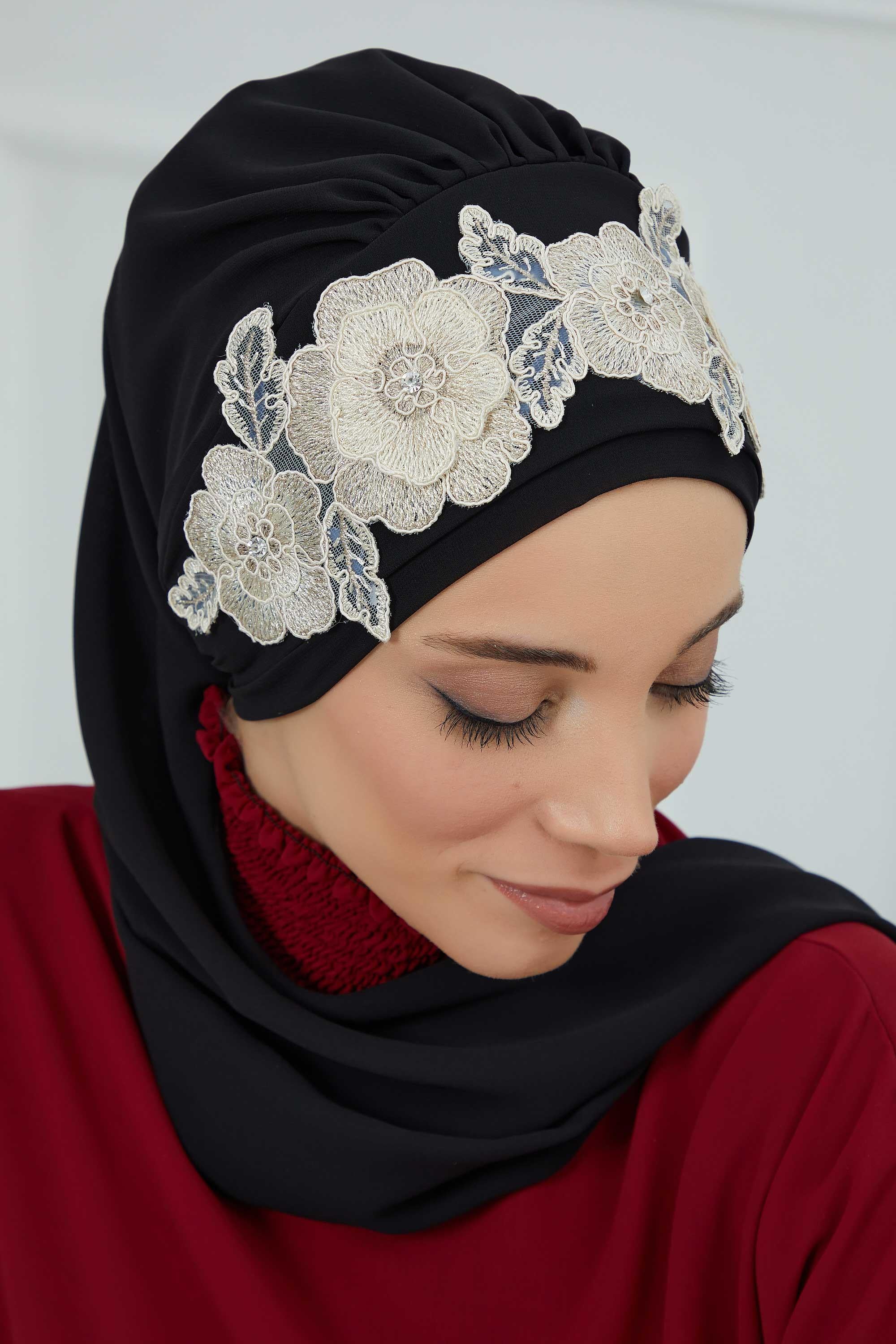 Çiçekli Taç Aksesuarlı Şifon Hazır Türban,HT-103,HT-103