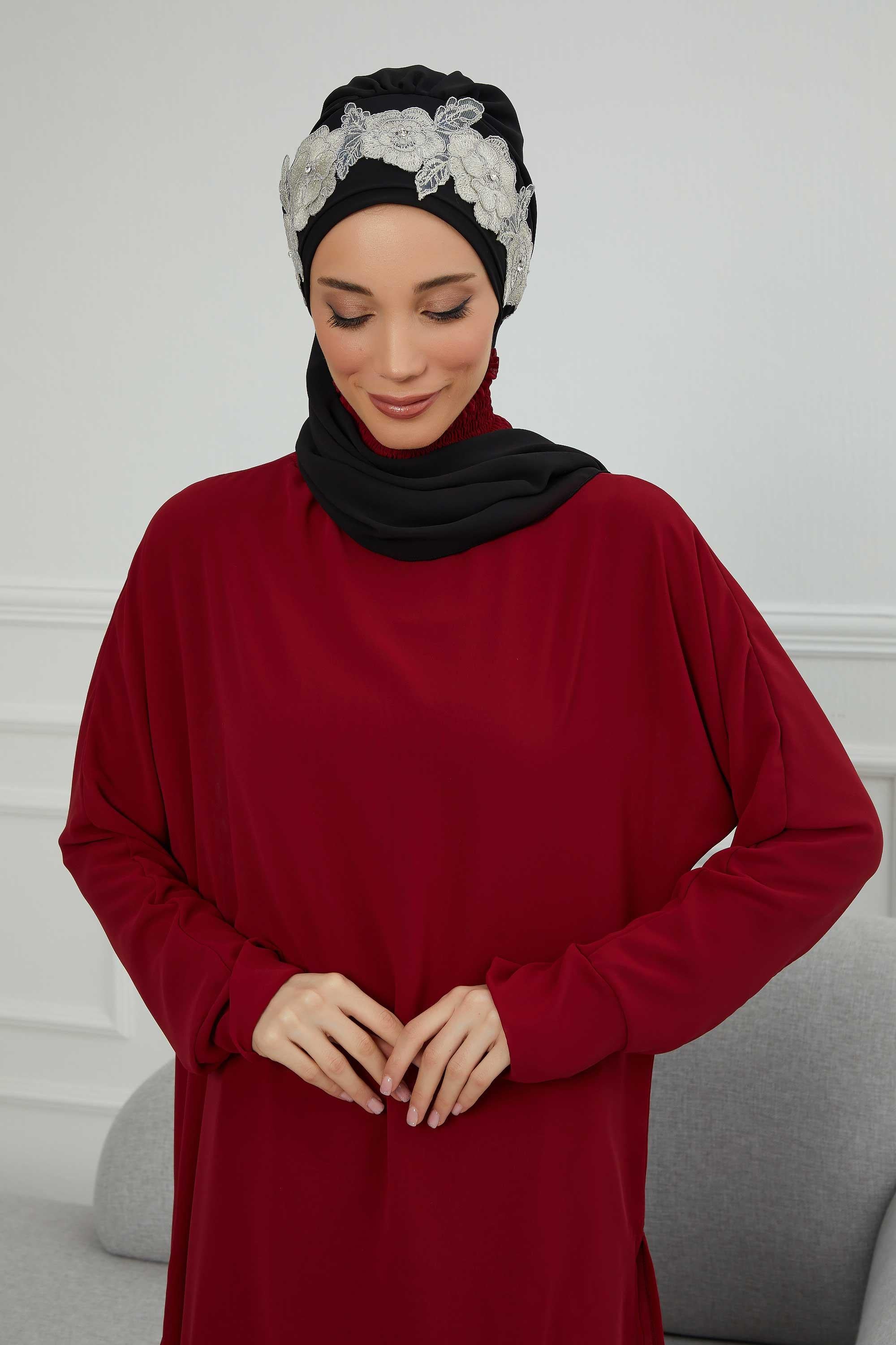 Çiçekli Taç Aksesuarlı Şifon Hazır Türban,HT-103,HT-103