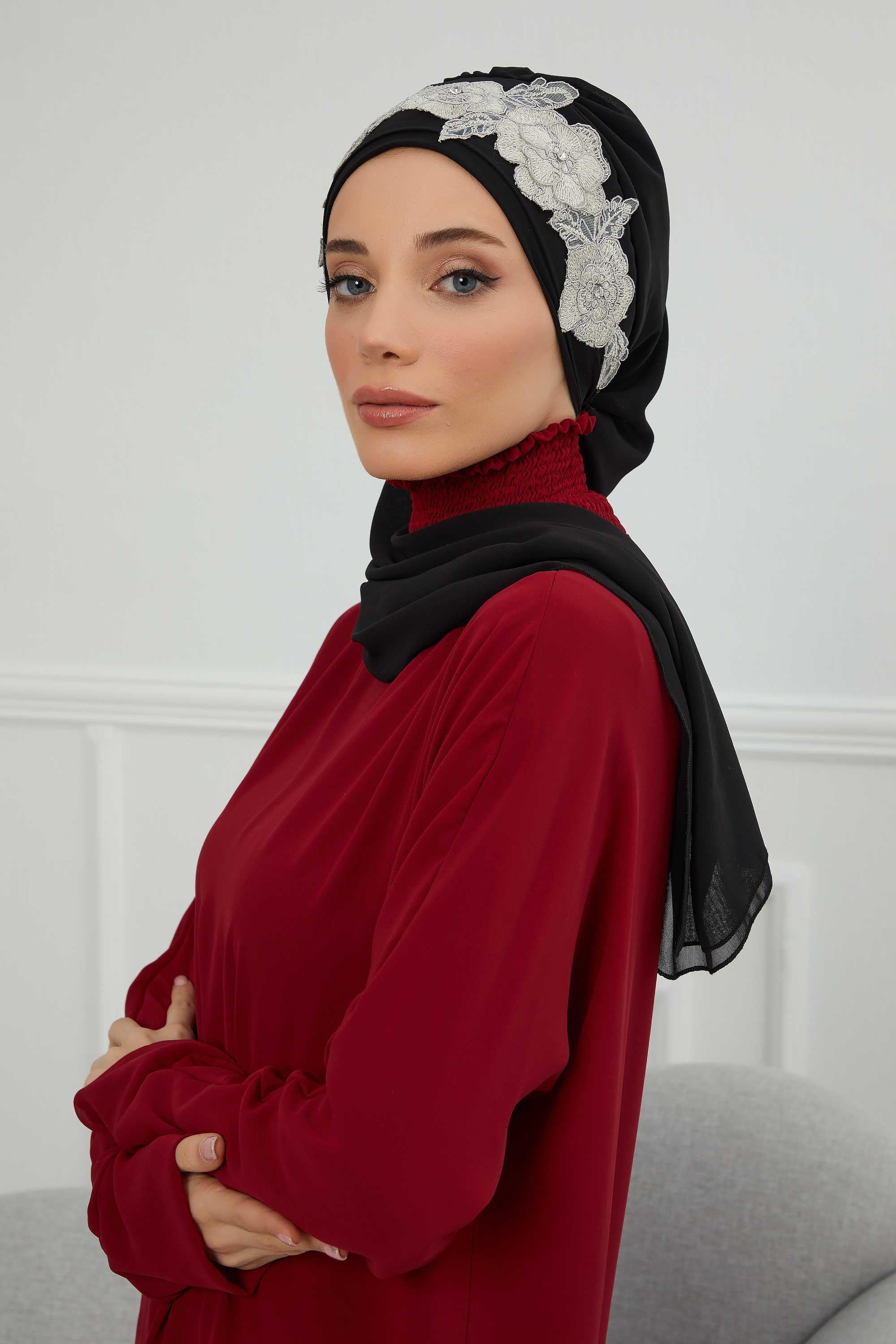 Çiçekli Taç Aksesuarlı Şifon Hazır Türban,HT-103,HT-103