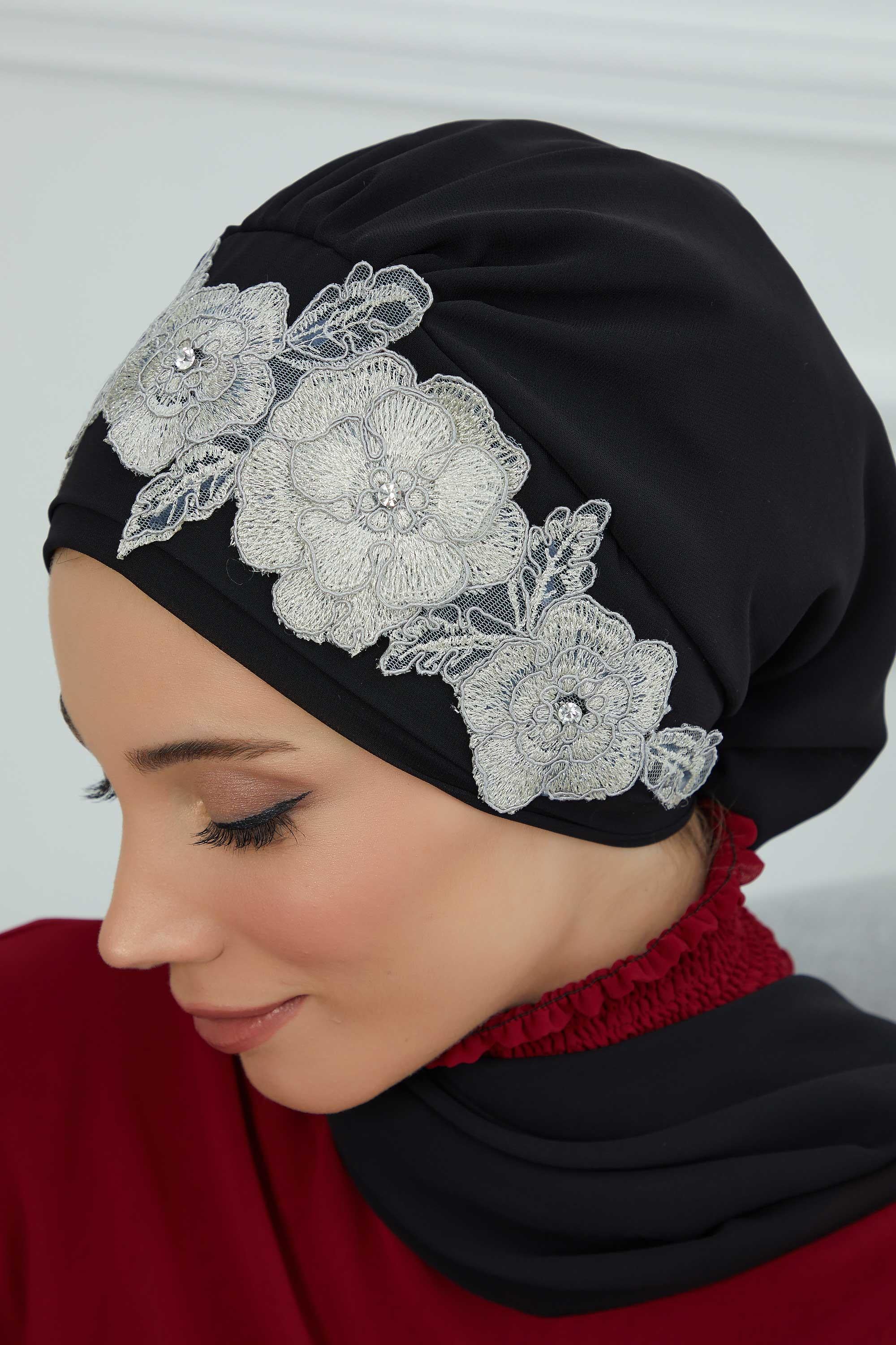 Çiçekli Taç Aksesuarlı Şifon Hazır Türban,HT-103,HT-103