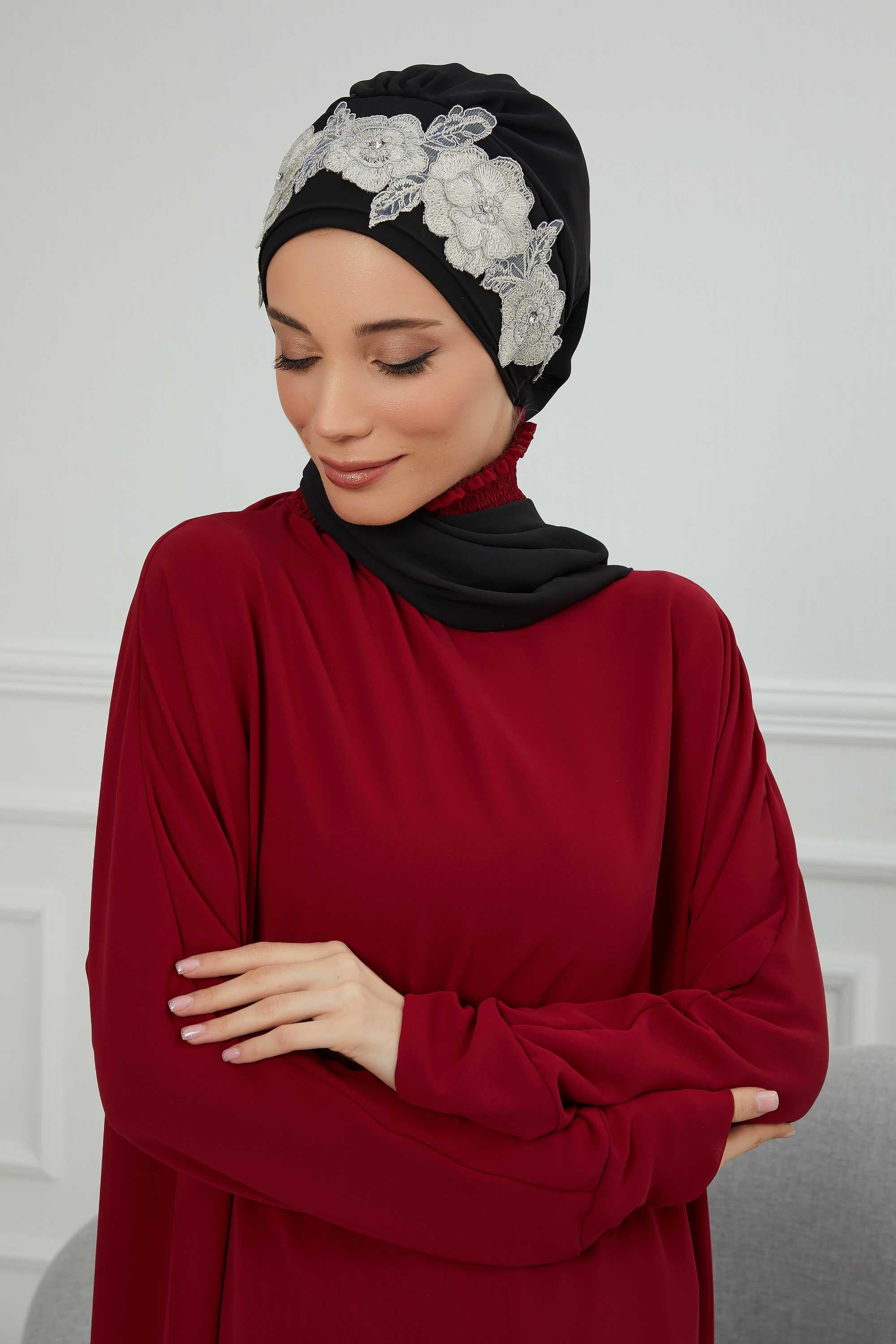 Çiçekli Taç Aksesuarlı Şifon Hazır Türban,HT-103,HT-103