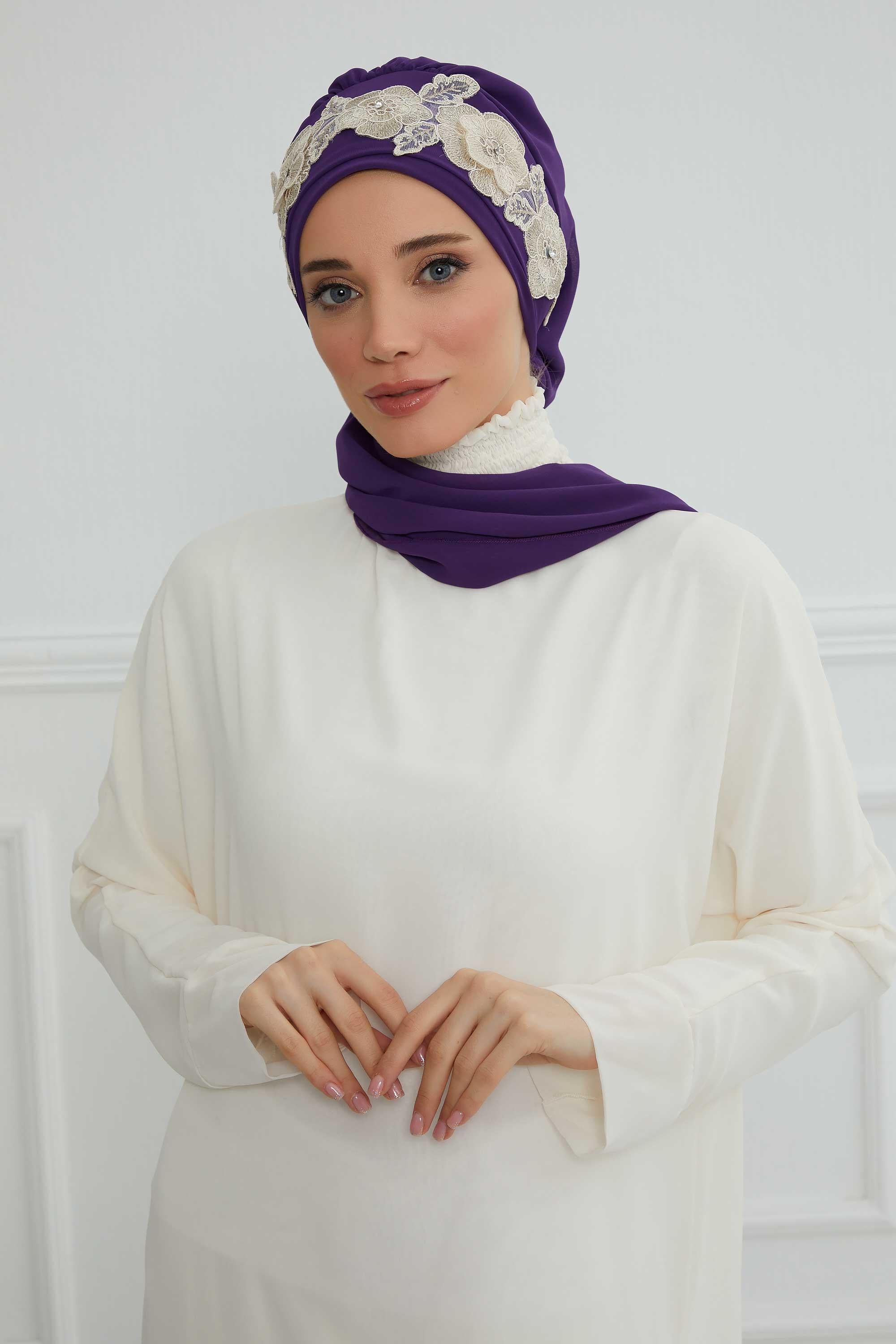 Çiçekli Taç Aksesuarlı Şifon Hazır Türban,HT-103,HT-103