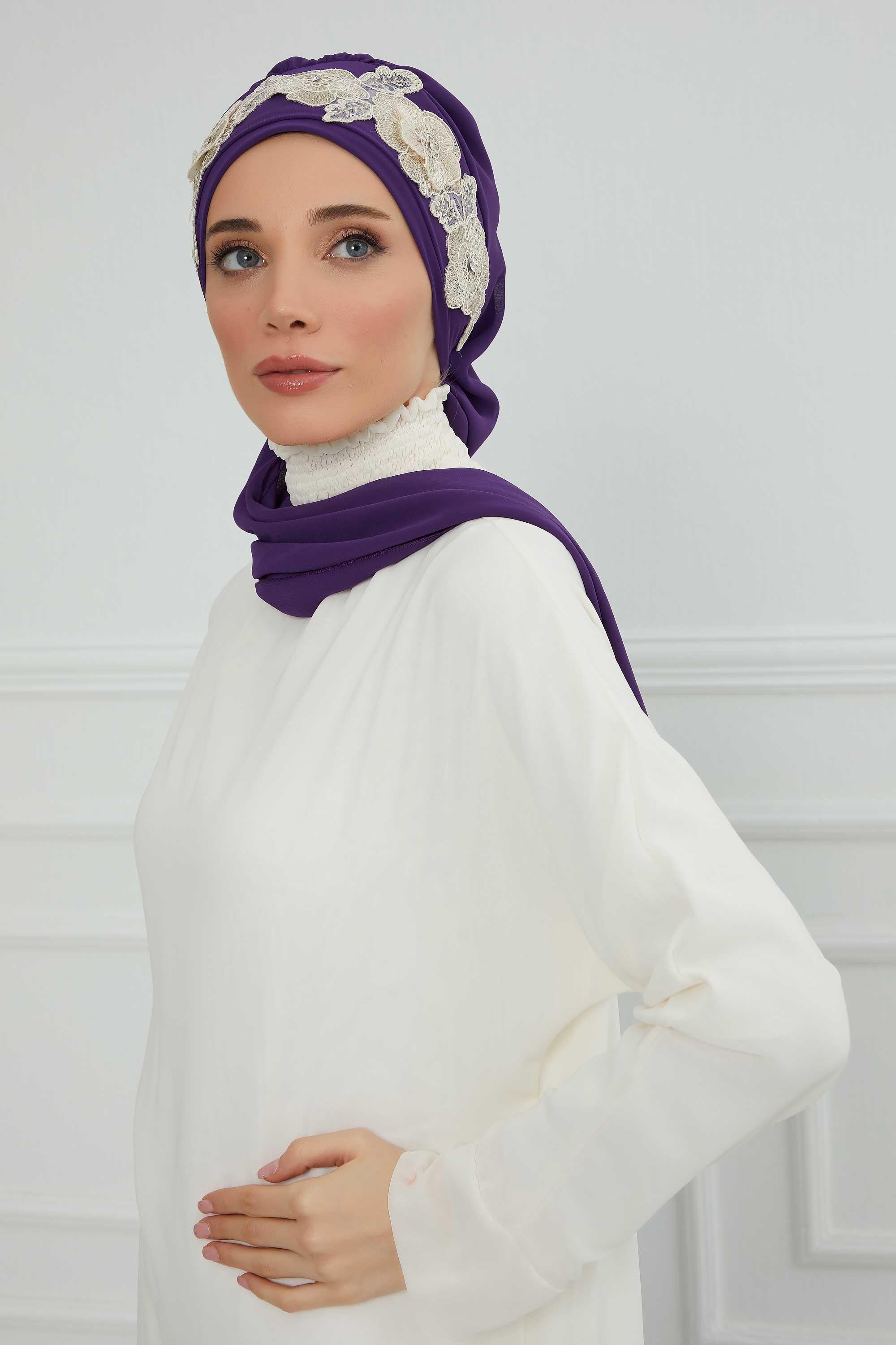 Çiçekli Taç Aksesuarlı Şifon Hazır Türban,HT-103,HT-103