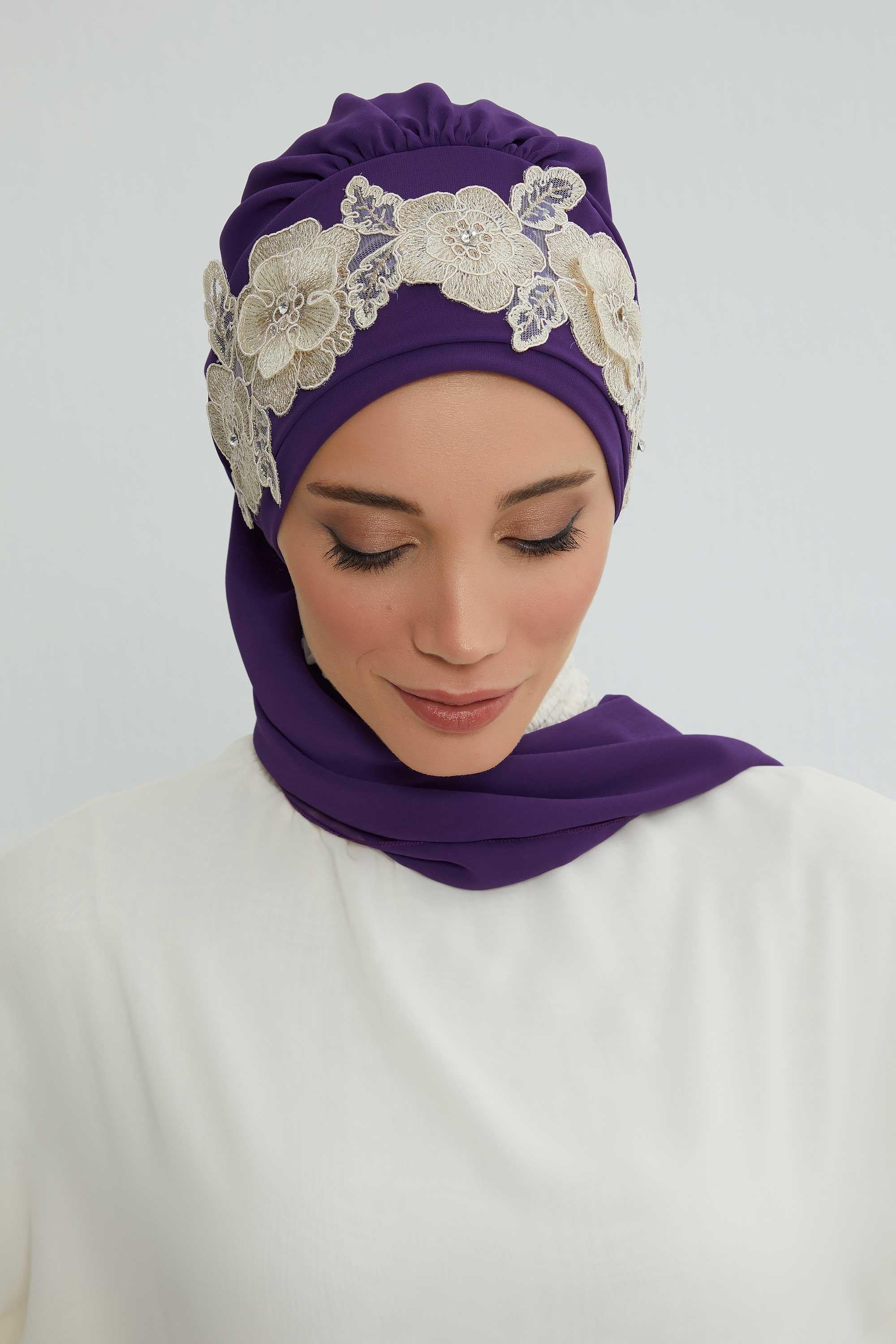 Çiçekli Taç Aksesuarlı Şifon Hazır Türban,HT-103,HT-103