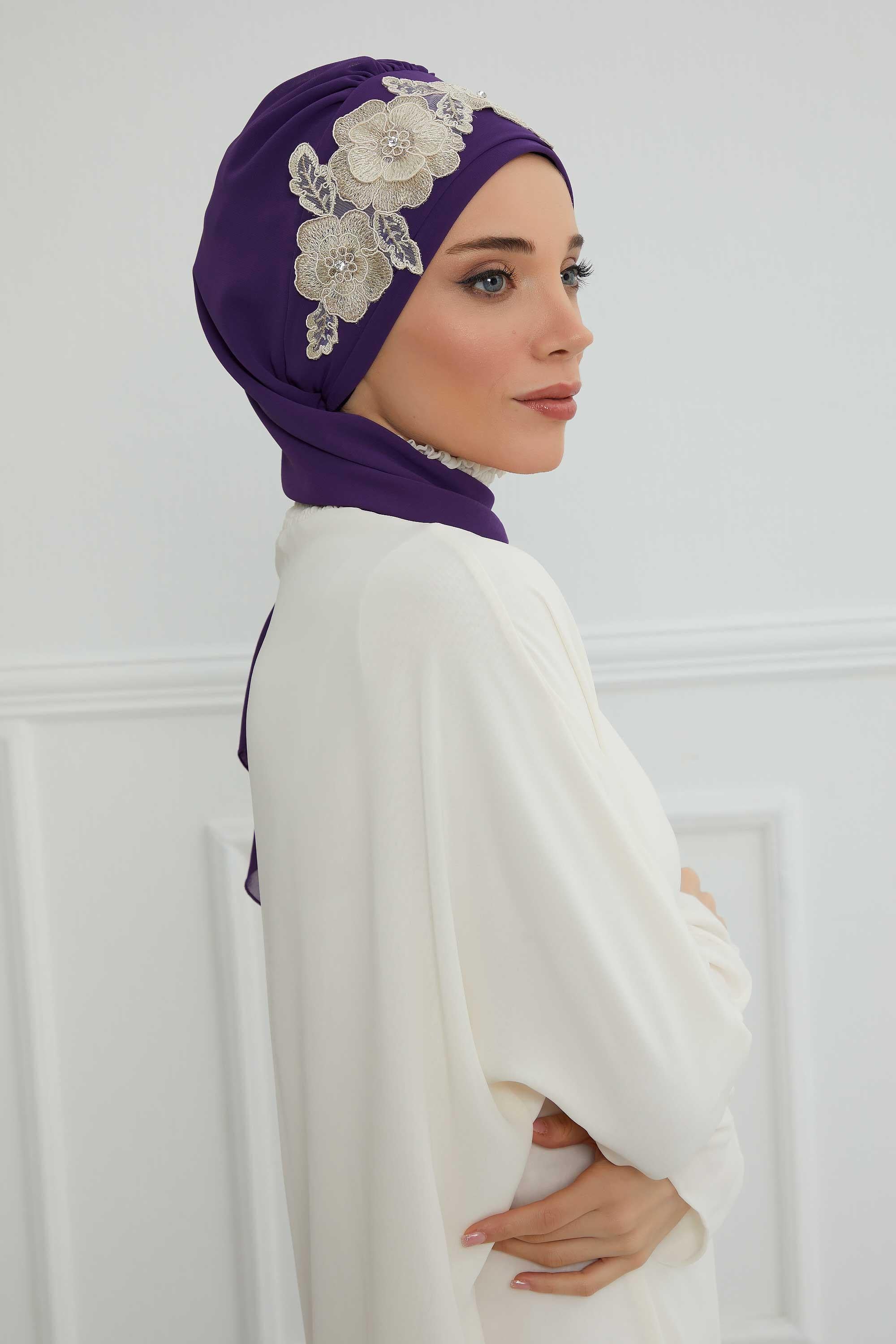 Çiçekli Taç Aksesuarlı Şifon Hazır Türban,HT-103,HT-103