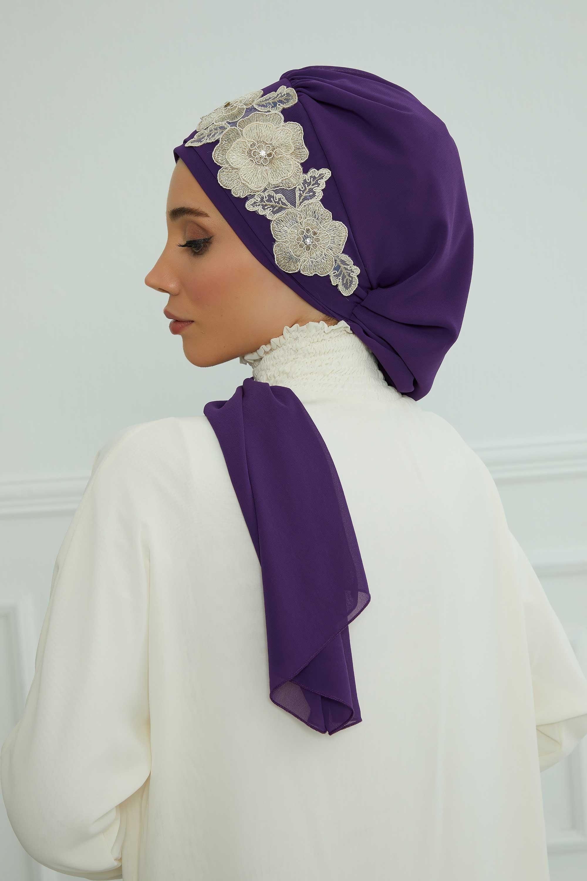 Çiçekli Taç Aksesuarlı Şifon Hazır Türban,HT-103,HT-103