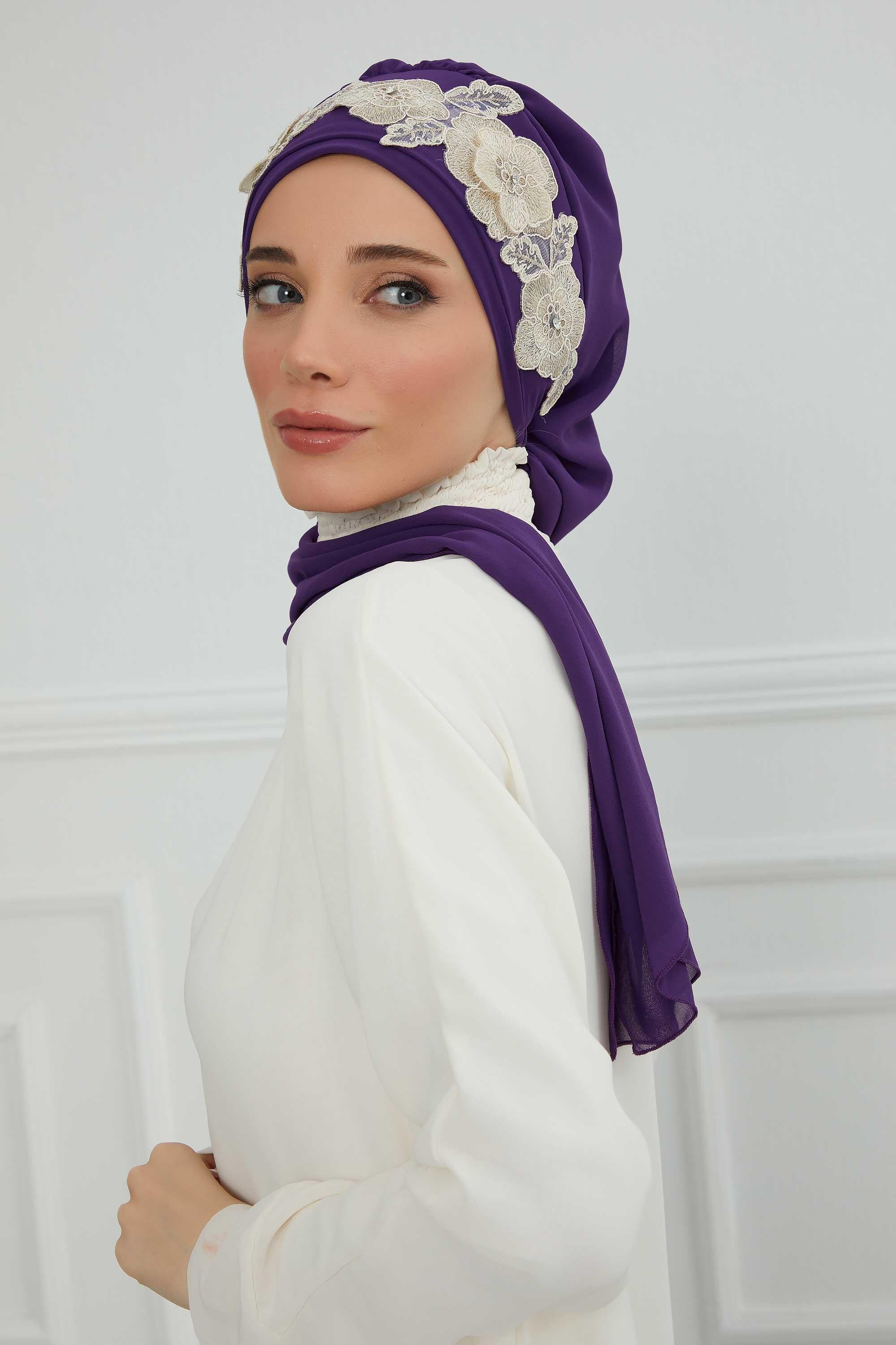 Çiçekli Taç Aksesuarlı Şifon Hazır Türban,HT-103,HT-103