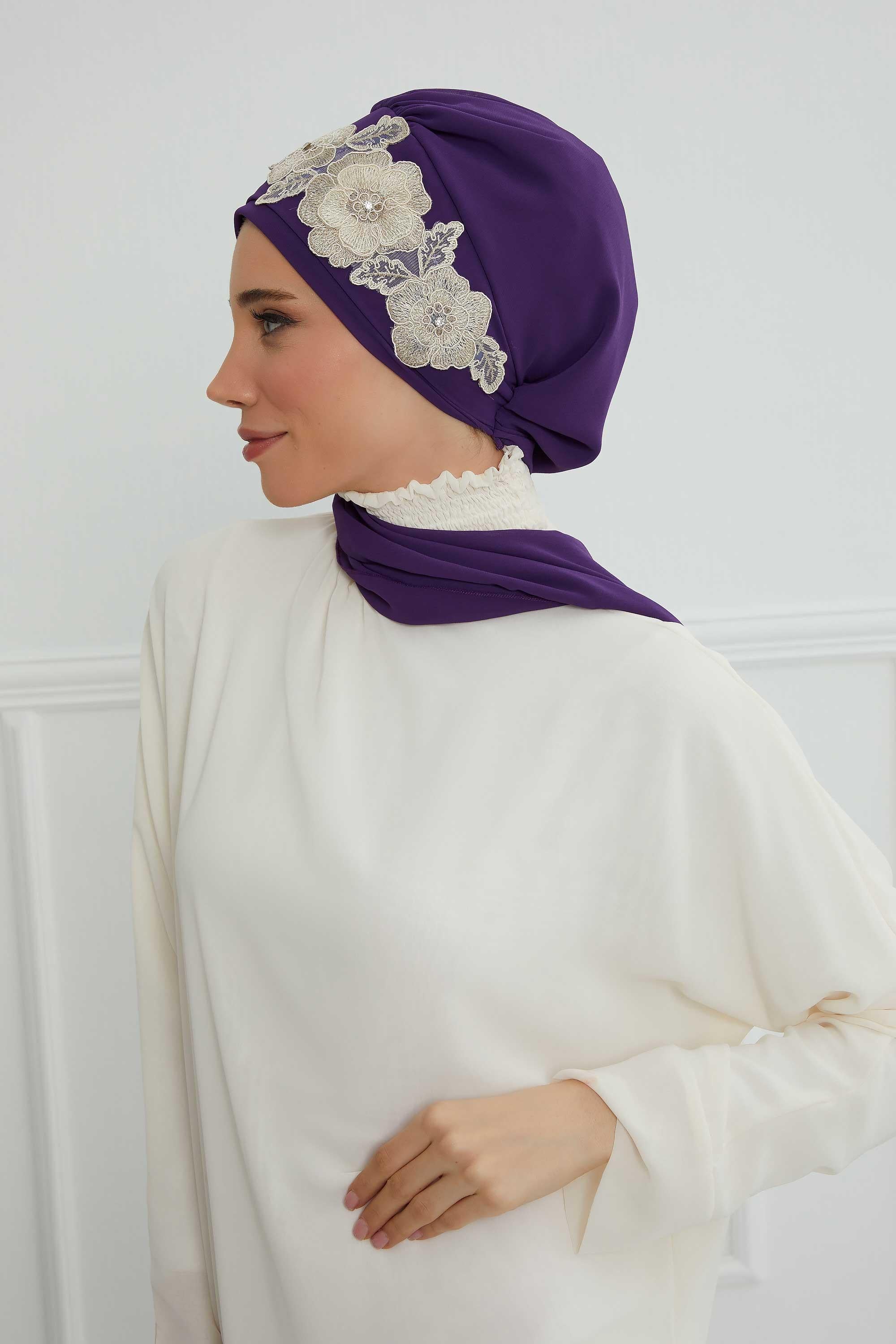 Çiçekli Taç Aksesuarlı Şifon Hazır Türban,HT-103,HT-103