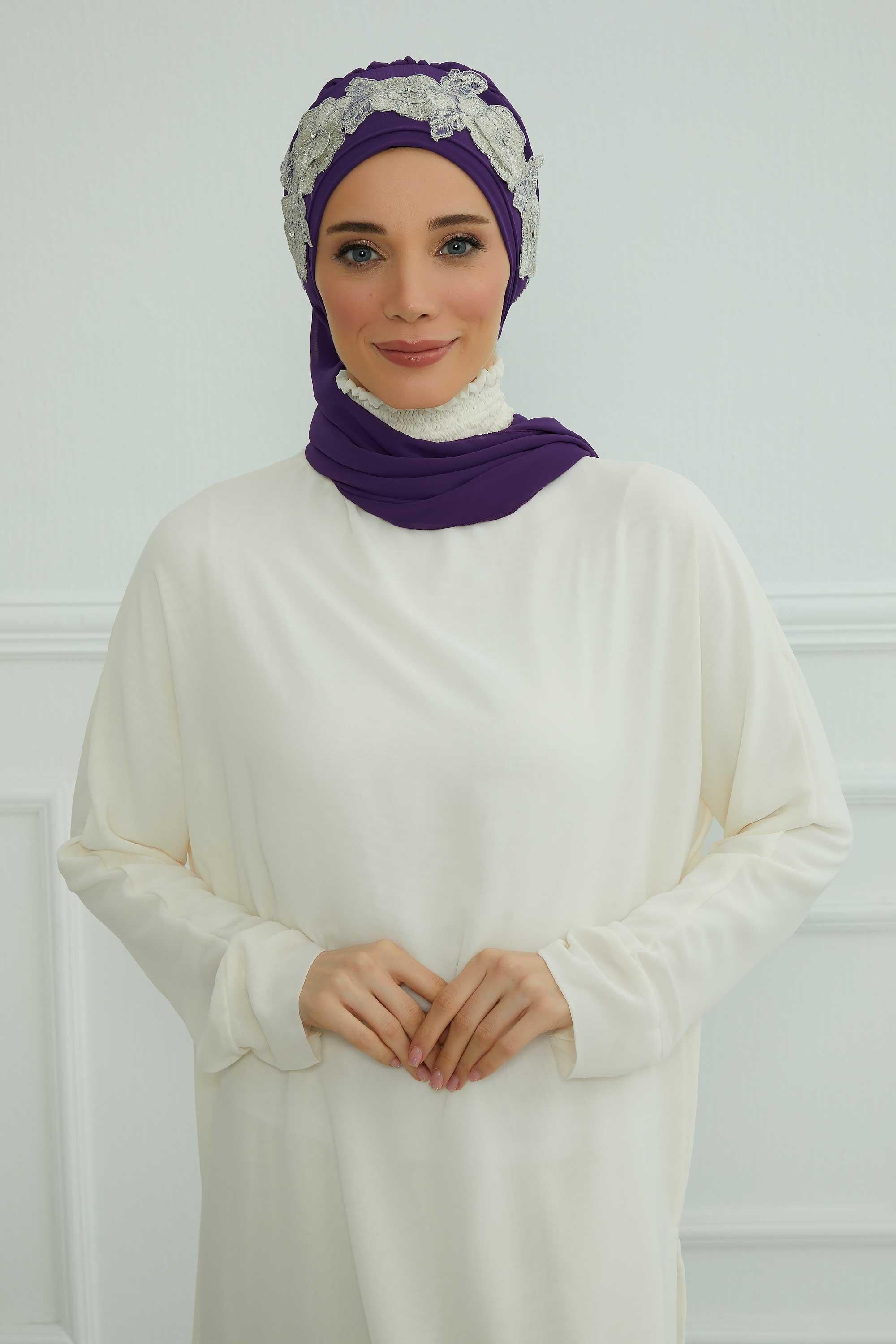 Çiçekli Taç Aksesuarlı Şifon Hazır Türban,HT-103,HT-103