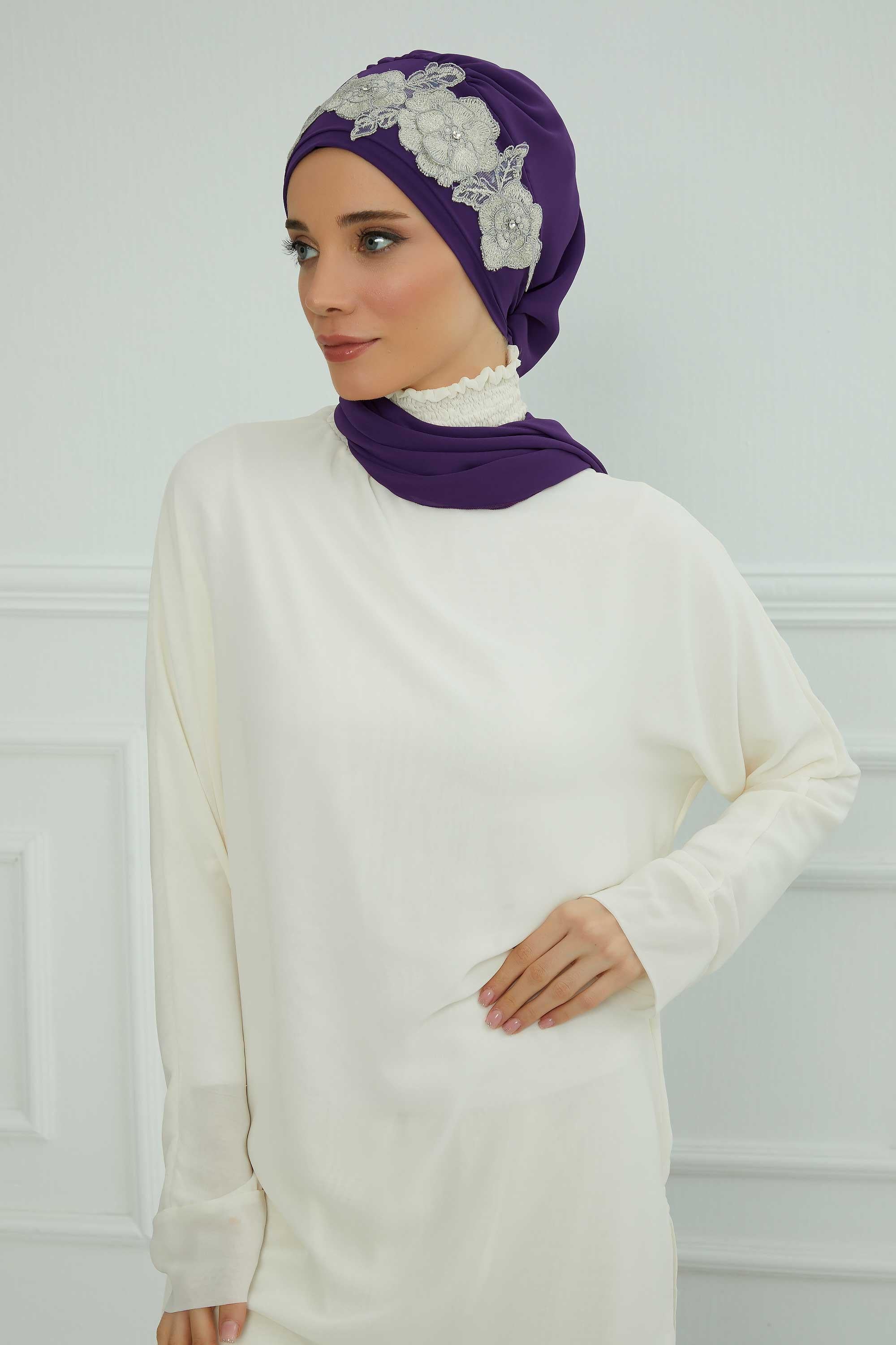 Çiçekli Taç Aksesuarlı Şifon Hazır Türban,HT-103,HT-103