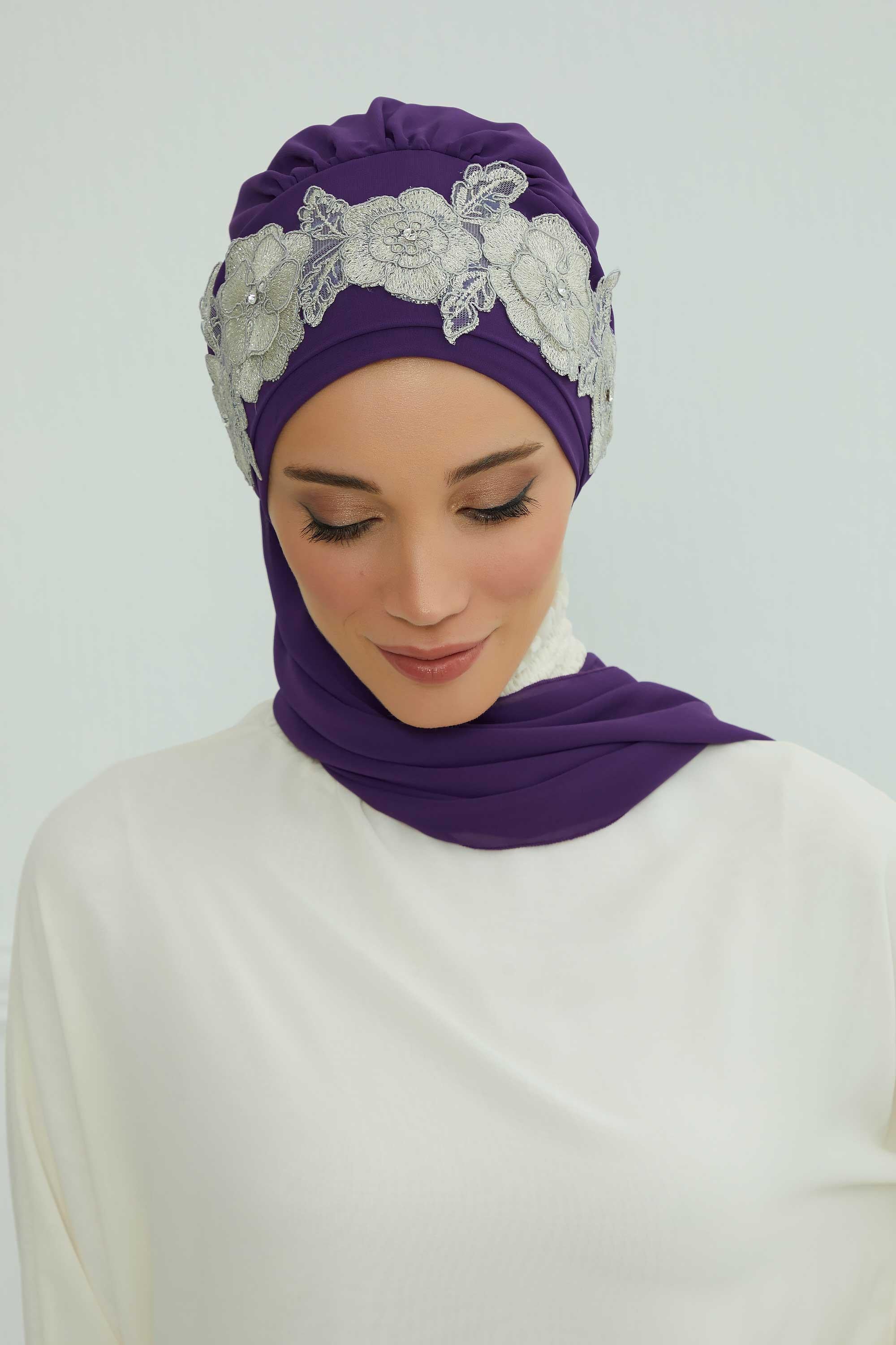 Çiçekli Taç Aksesuarlı Şifon Hazır Türban,HT-103,HT-103