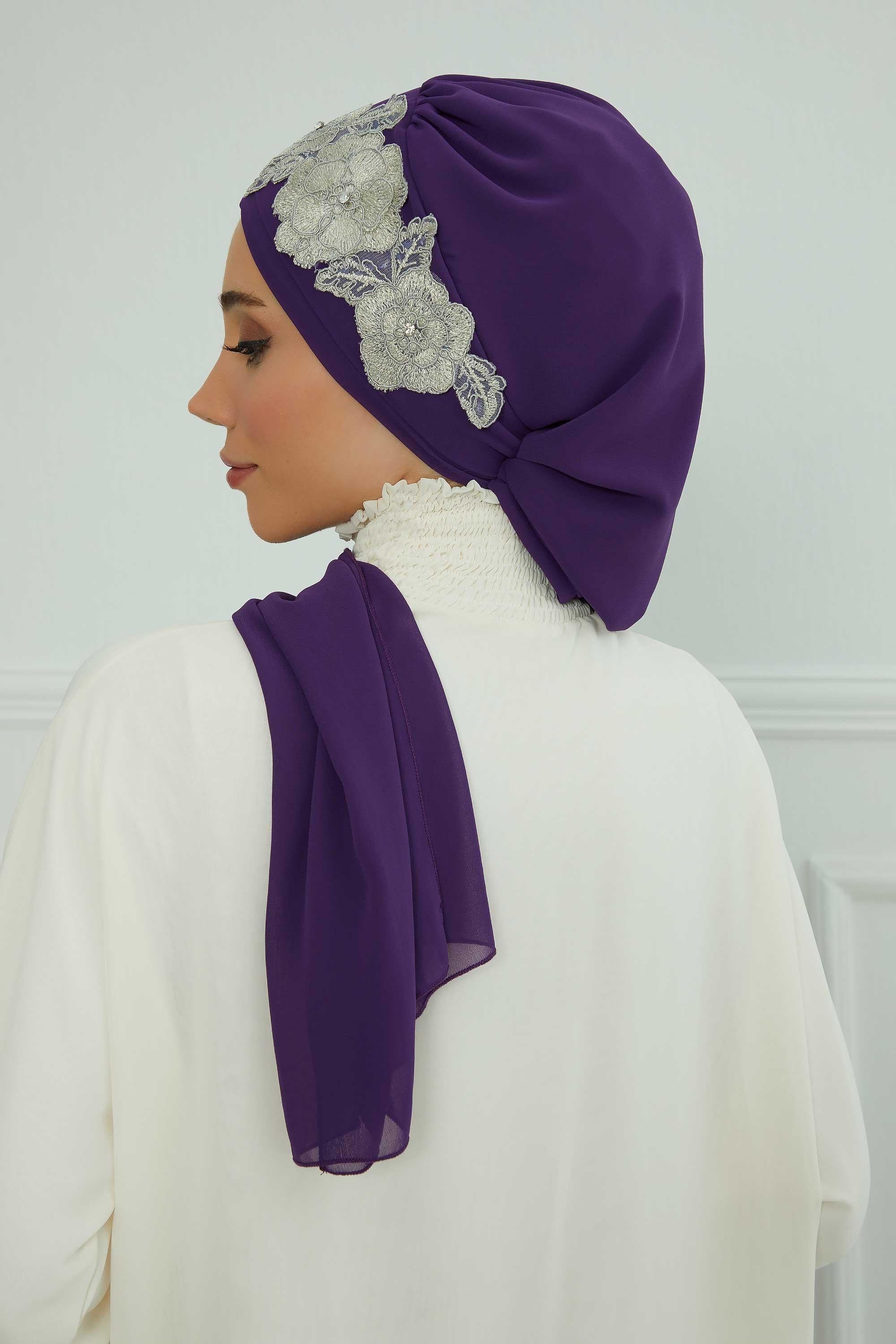 Çiçekli Taç Aksesuarlı Şifon Hazır Türban,HT-103,HT-103