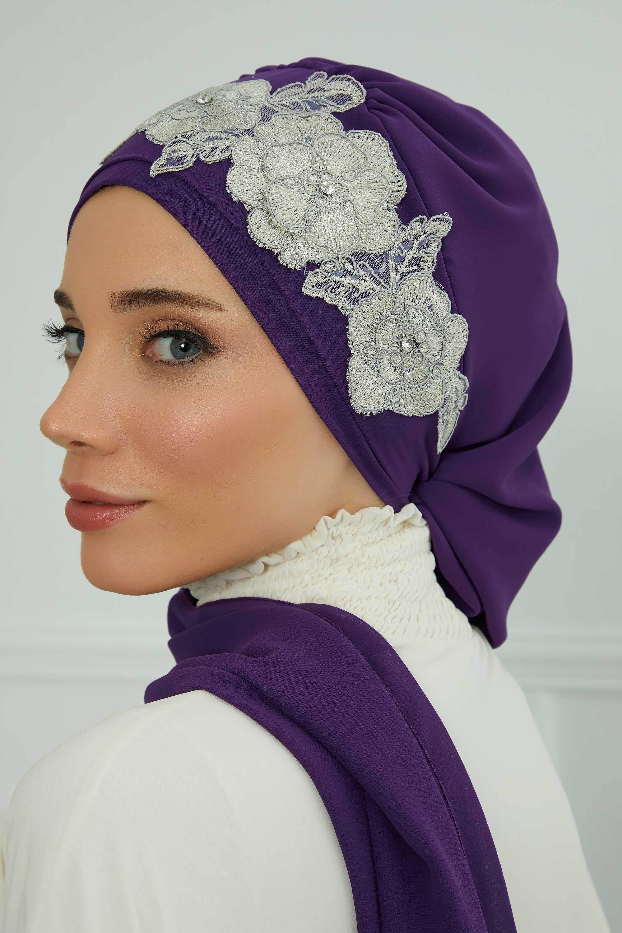 Çiçekli Taç Aksesuarlı Şifon Hazır Türban,HT-103,HT-103