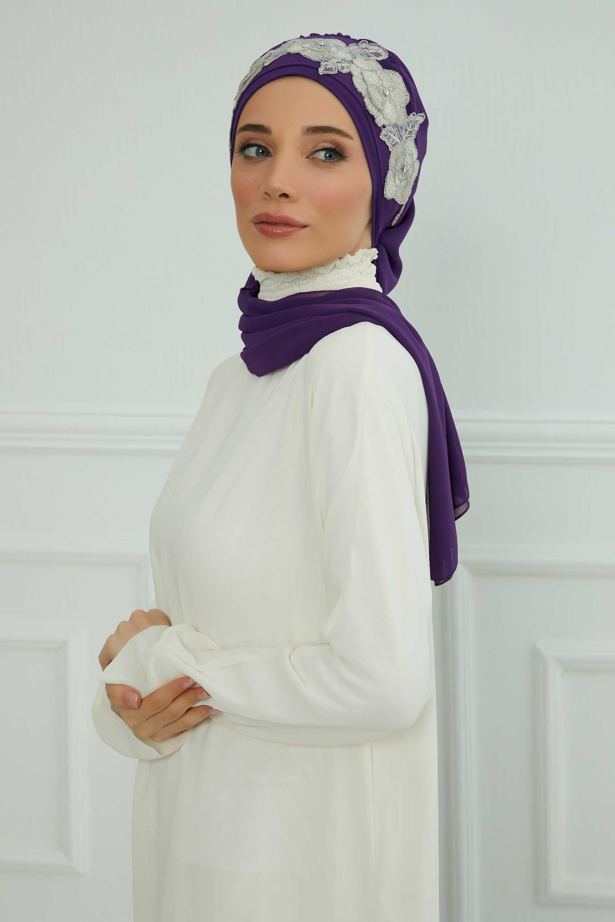 Çiçekli Taç Aksesuarlı Şifon Hazır Türban,HT-103,HT-103