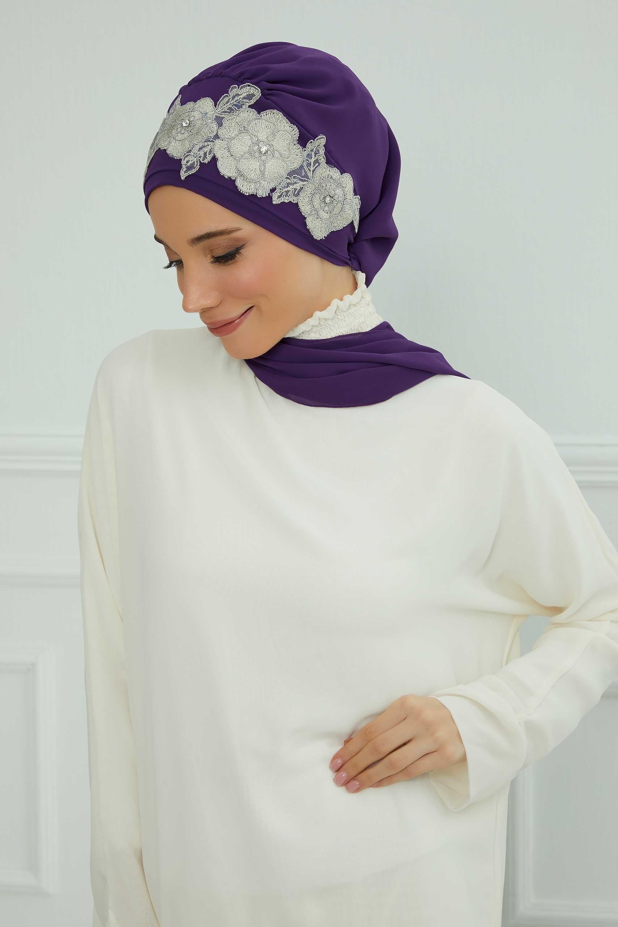 Çiçekli Taç Aksesuarlı Şifon Hazır Türban,HT-103,HT-103