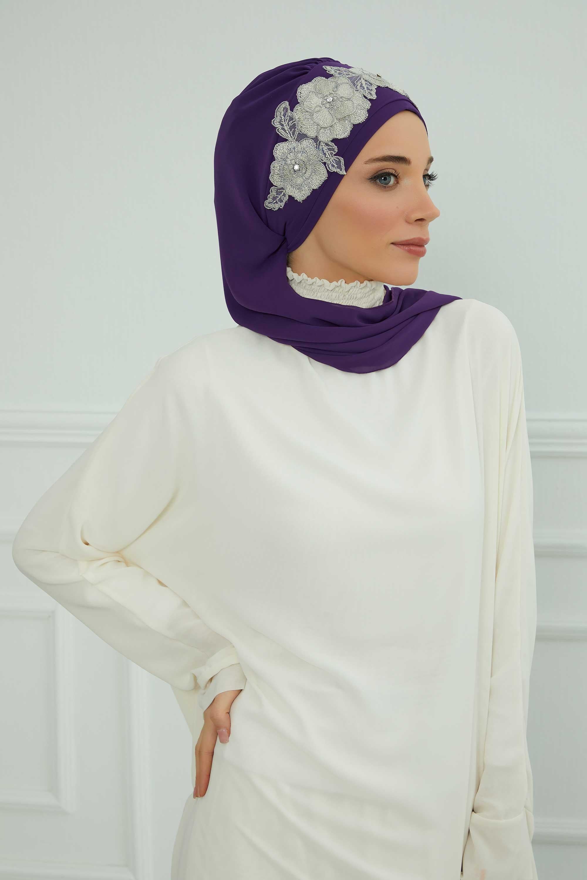 Çiçekli Taç Aksesuarlı Şifon Hazır Türban,HT-103,HT-103