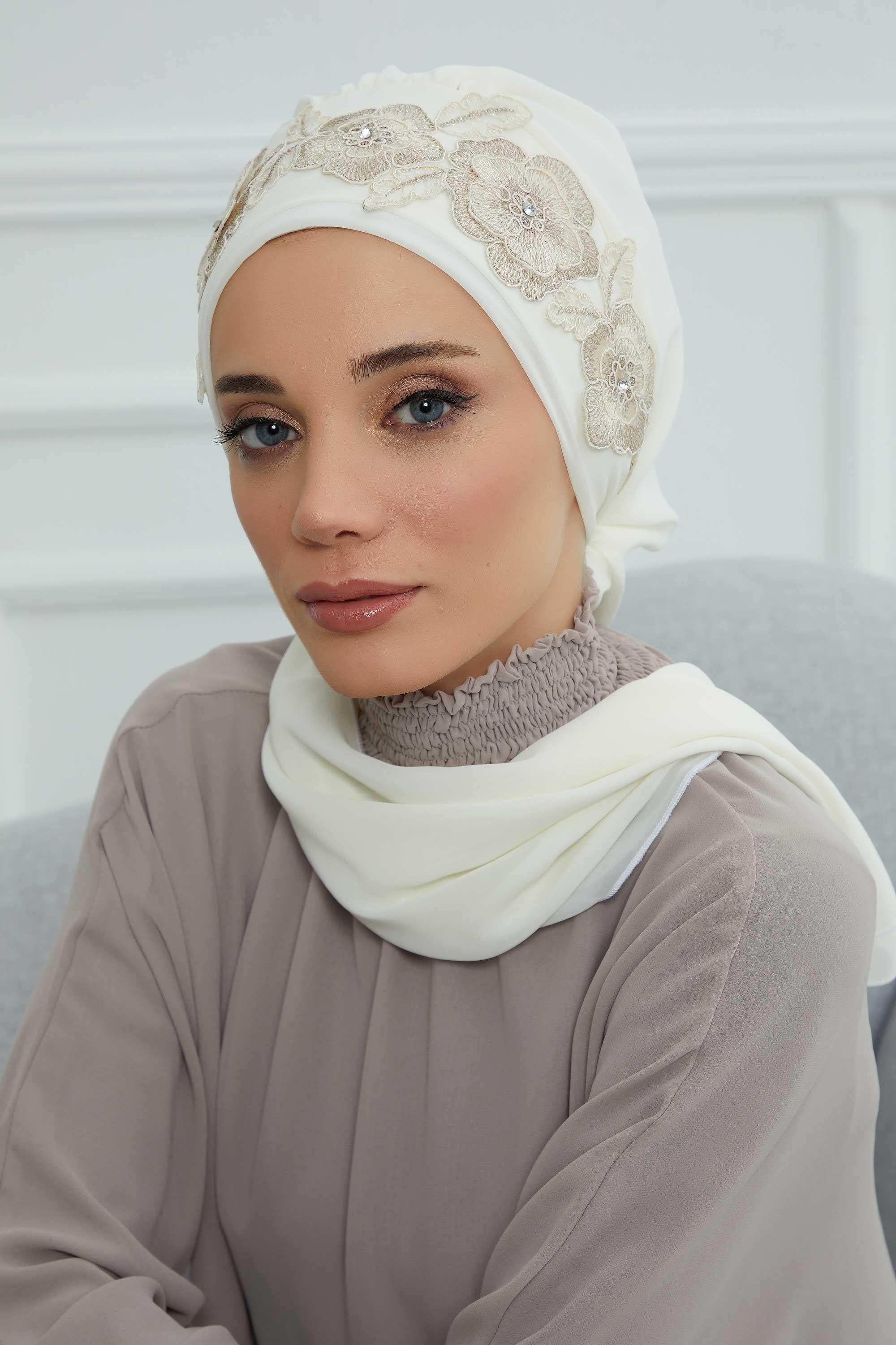 Çiçekli Taç Aksesuarlı Şifon Hazır Türban,HT-103,HT-103