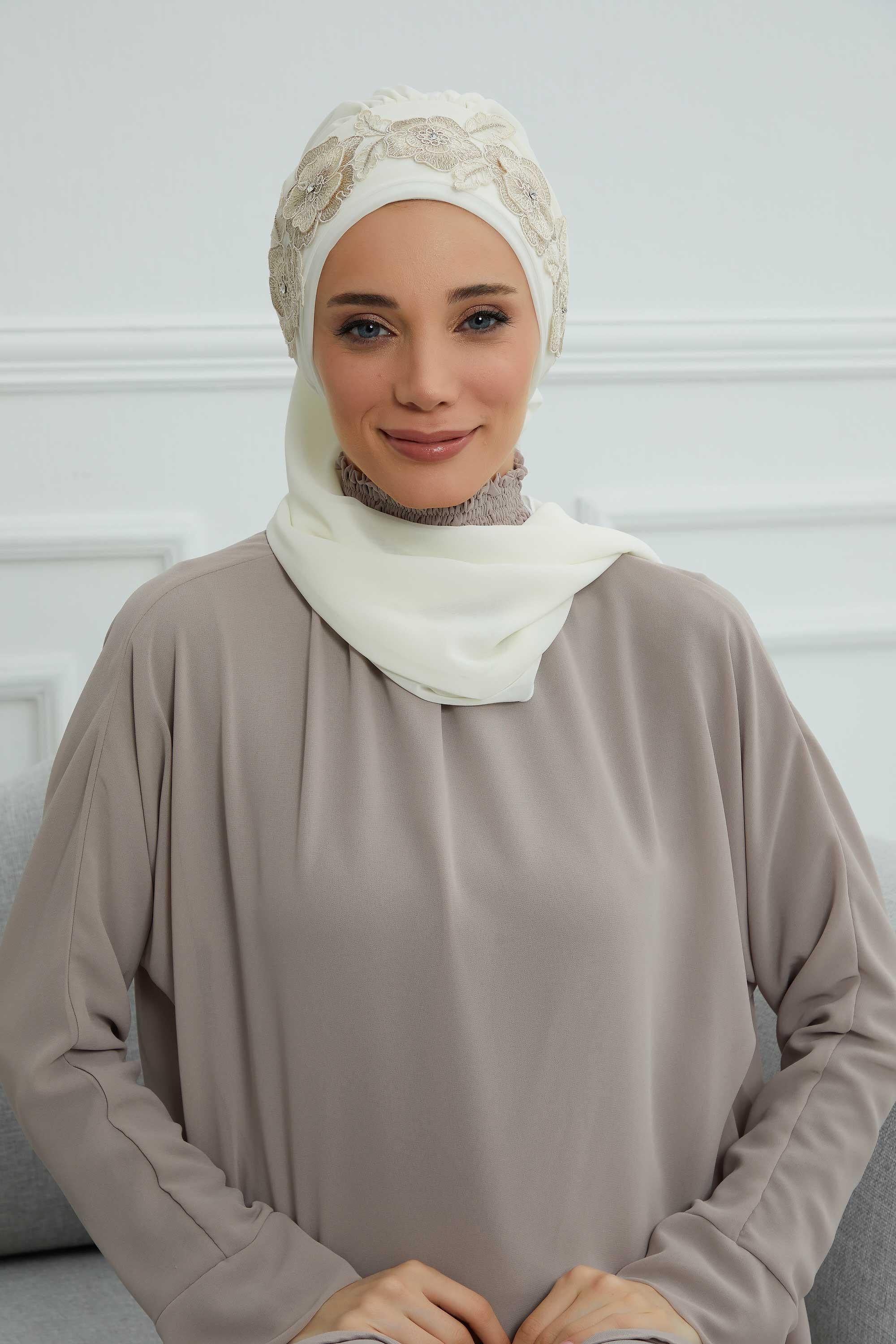 Çiçekli Taç Aksesuarlı Şifon Hazır Türban,HT-103,HT-103