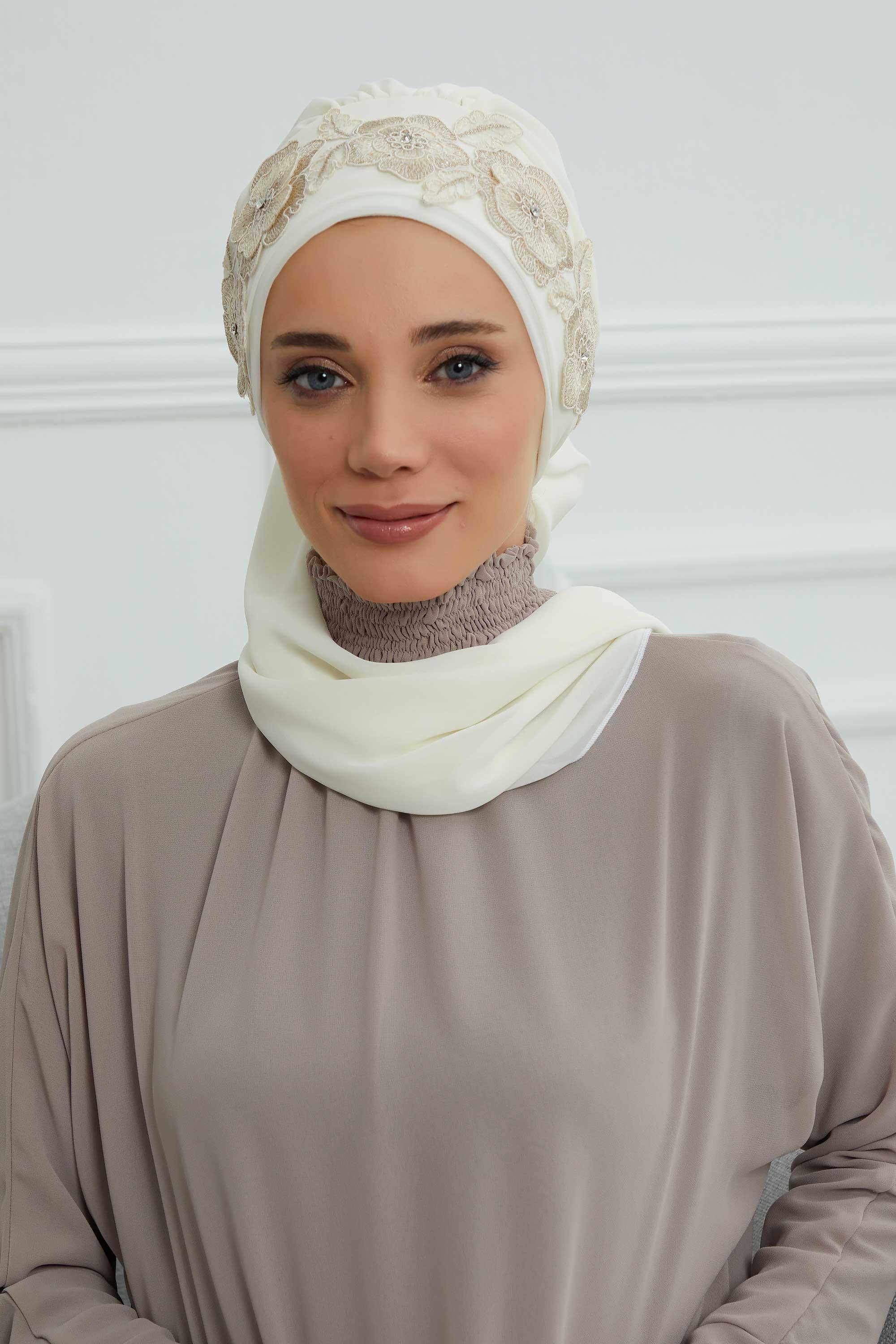 Çiçekli Taç Aksesuarlı Şifon Hazır Türban,HT-103,HT-103