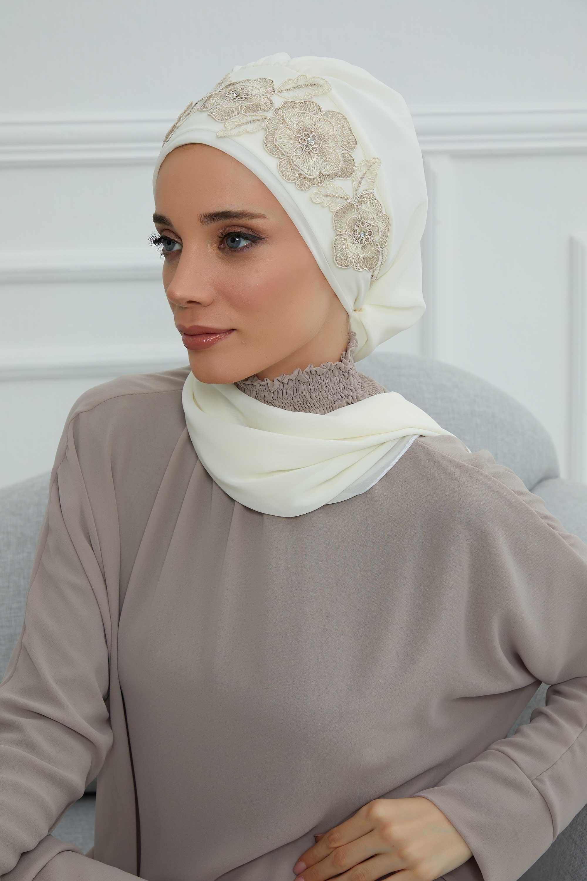 Çiçekli Taç Aksesuarlı Şifon Hazır Türban,HT-103,HT-103