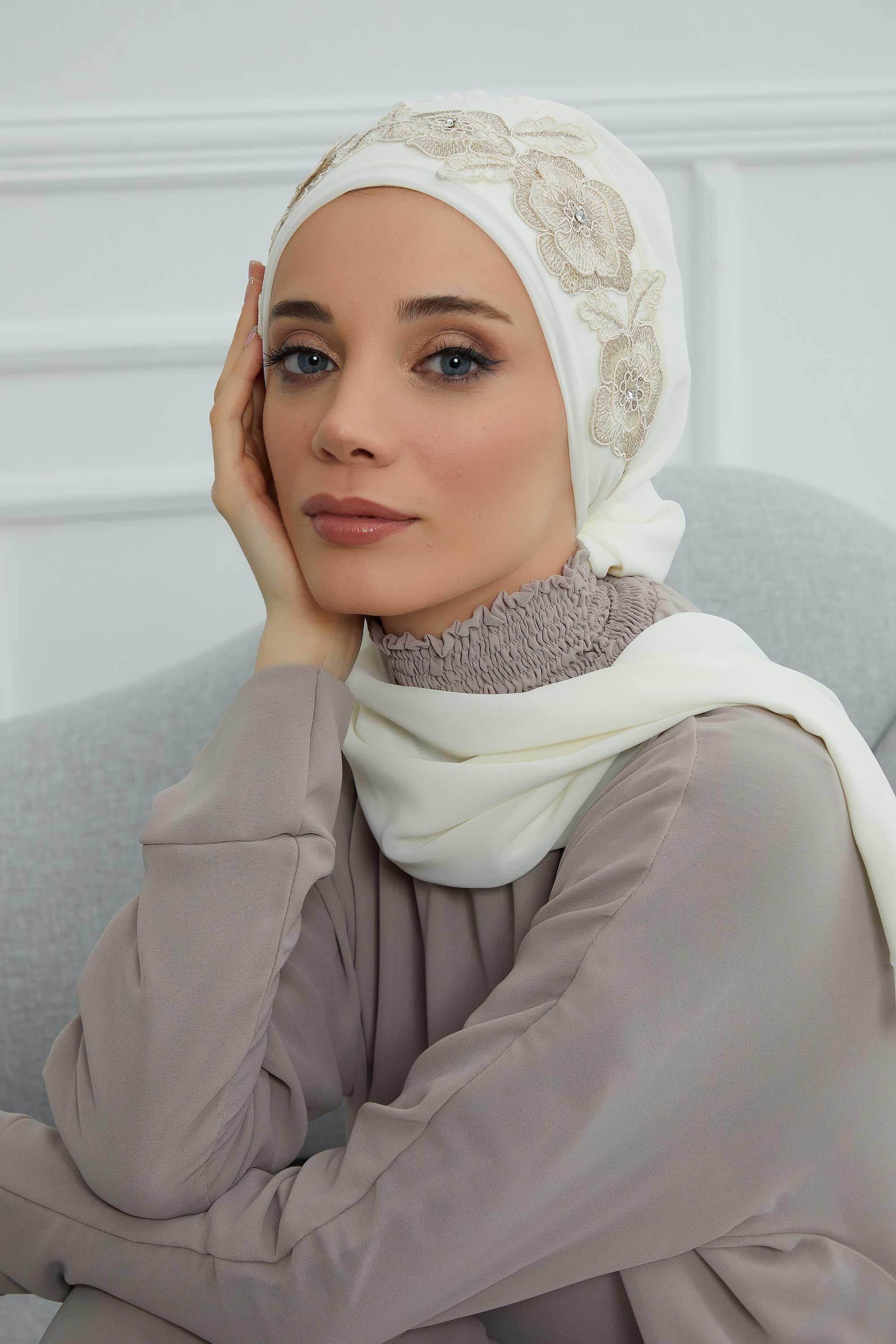 Çiçekli Taç Aksesuarlı Şifon Hazır Türban,HT-103,HT-103