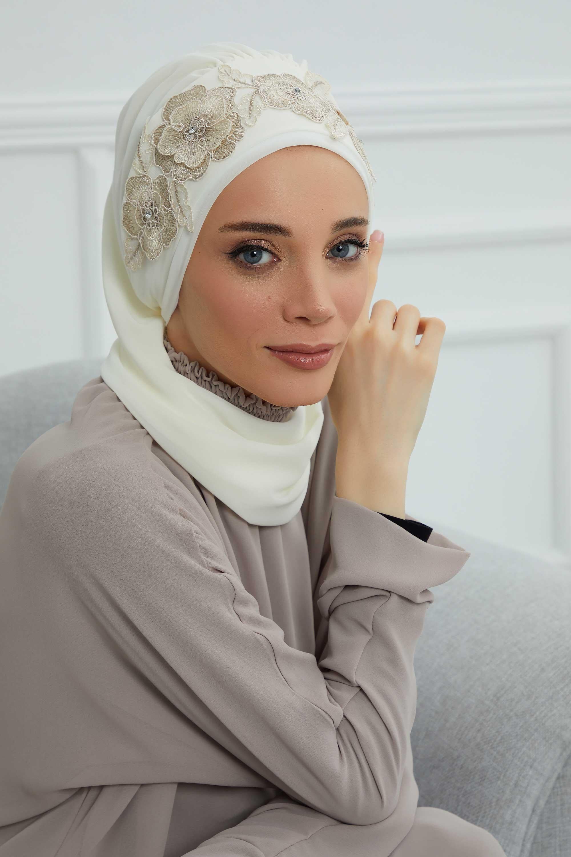 Çiçekli Taç Aksesuarlı Şifon Hazır Türban,HT-103,HT-103