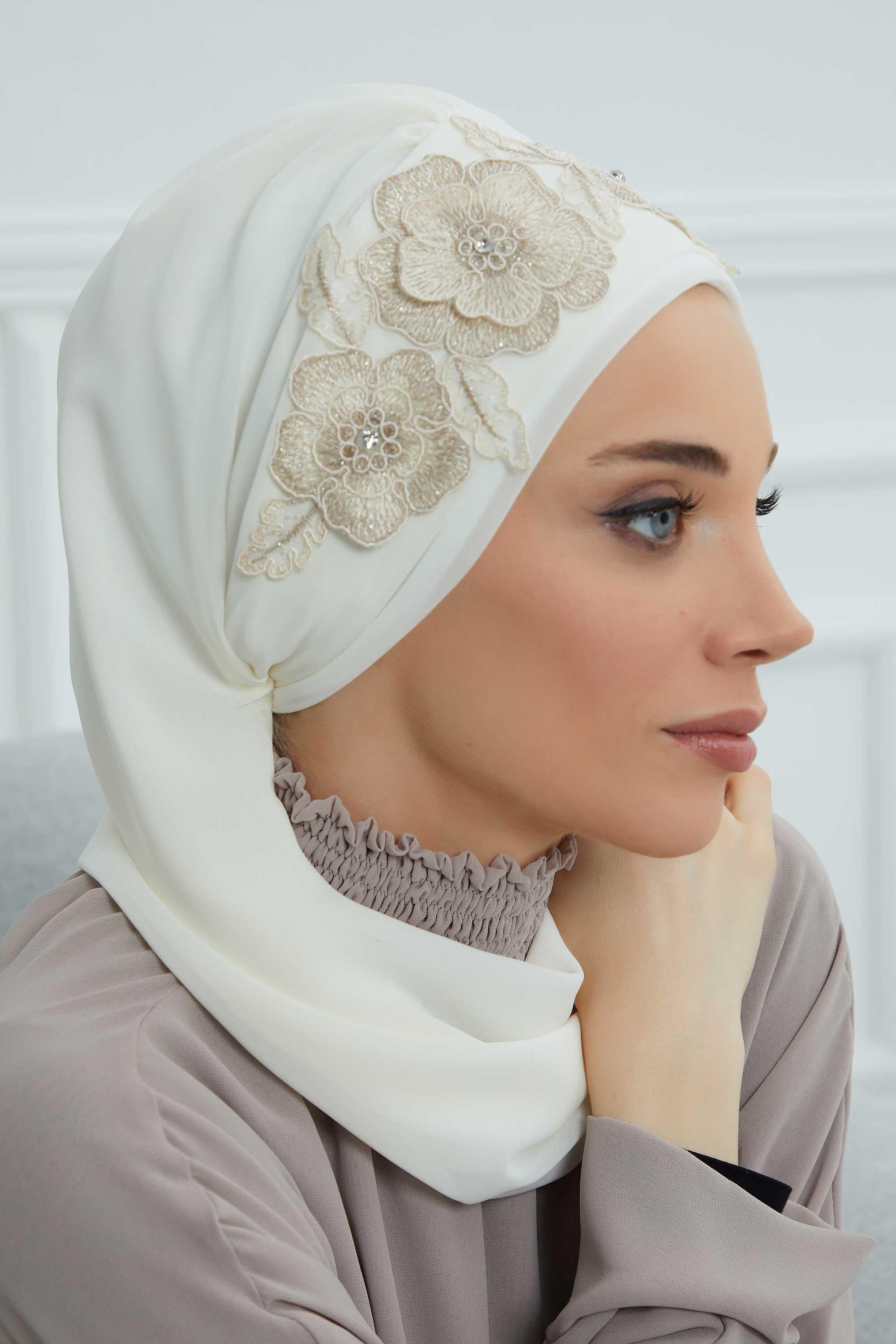 Çiçekli Taç Aksesuarlı Şifon Hazır Türban,HT-103,HT-103