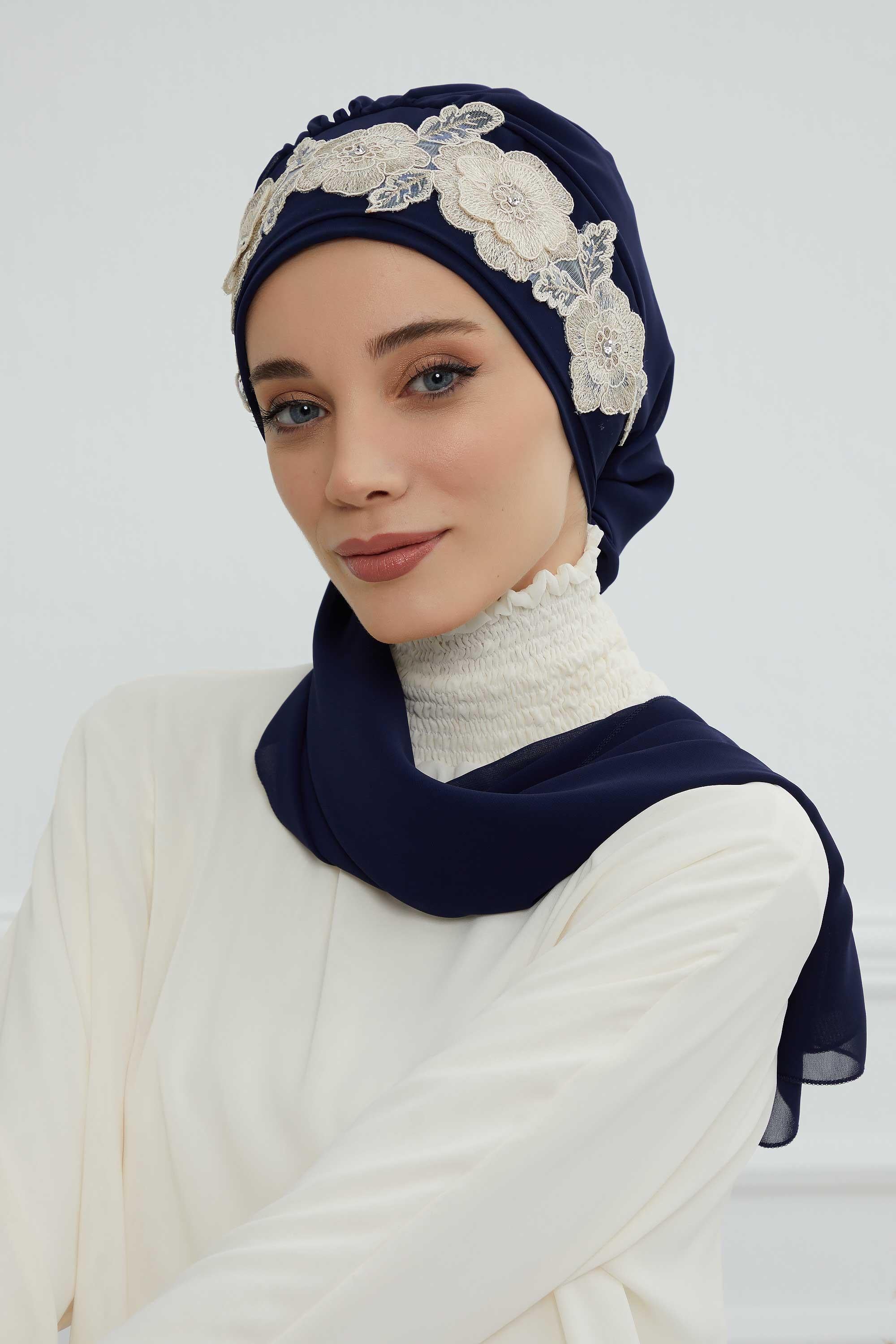 Çiçekli Taç Aksesuarlı Şifon Hazır Türban,HT-103,HT-103