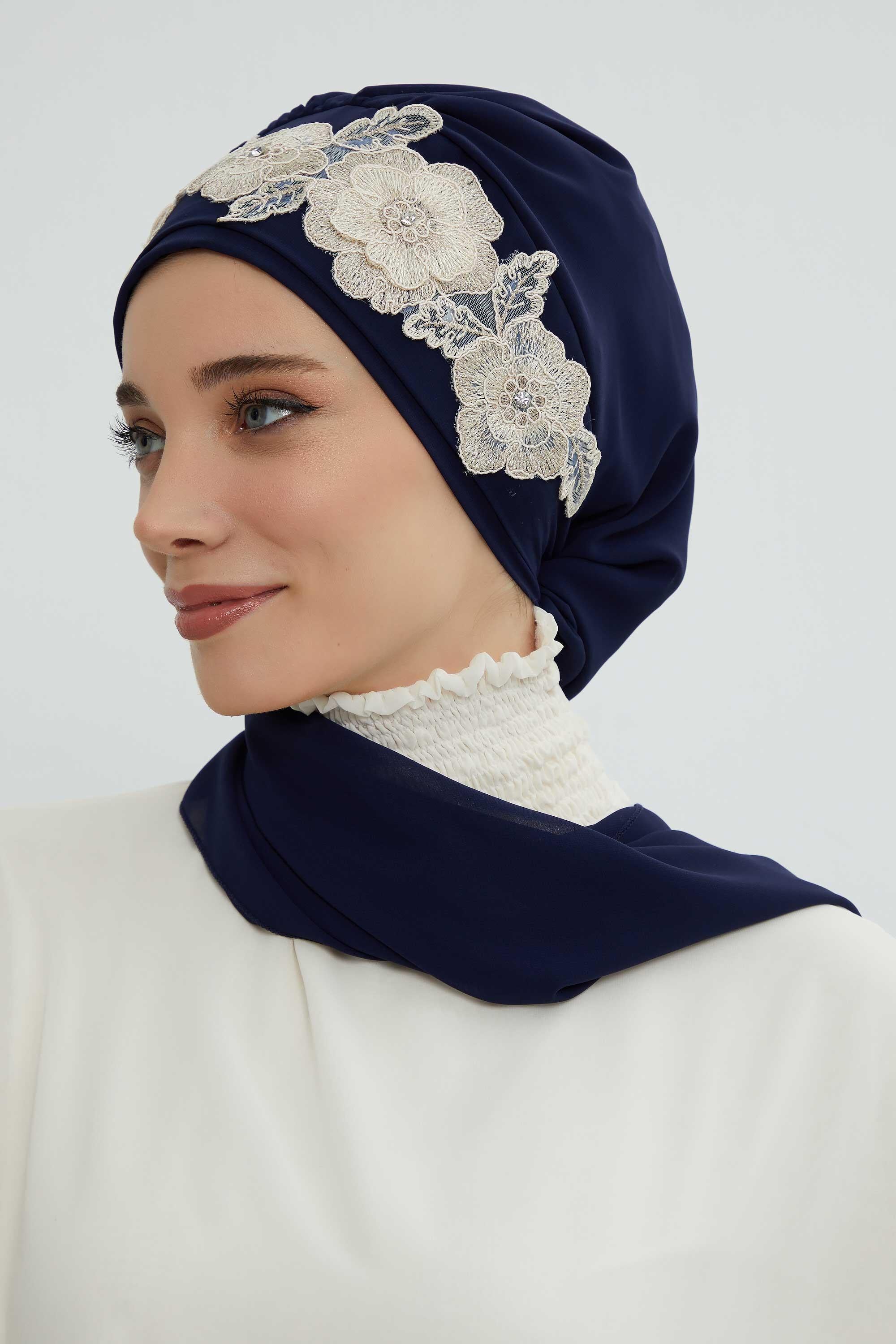 Çiçekli Taç Aksesuarlı Şifon Hazır Türban,HT-103,HT-103