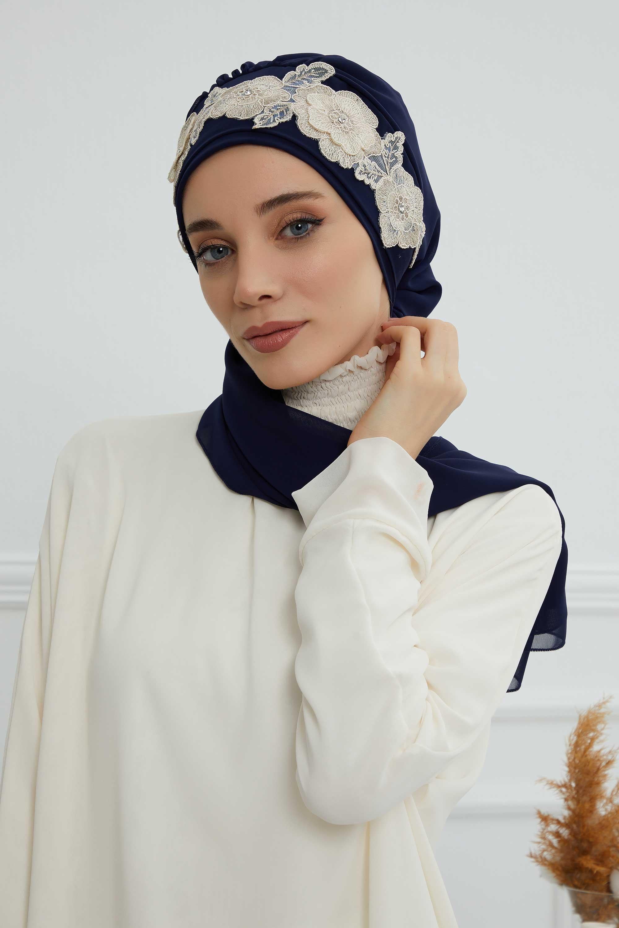 Çiçekli Taç Aksesuarlı Şifon Hazır Türban,HT-103,HT-103