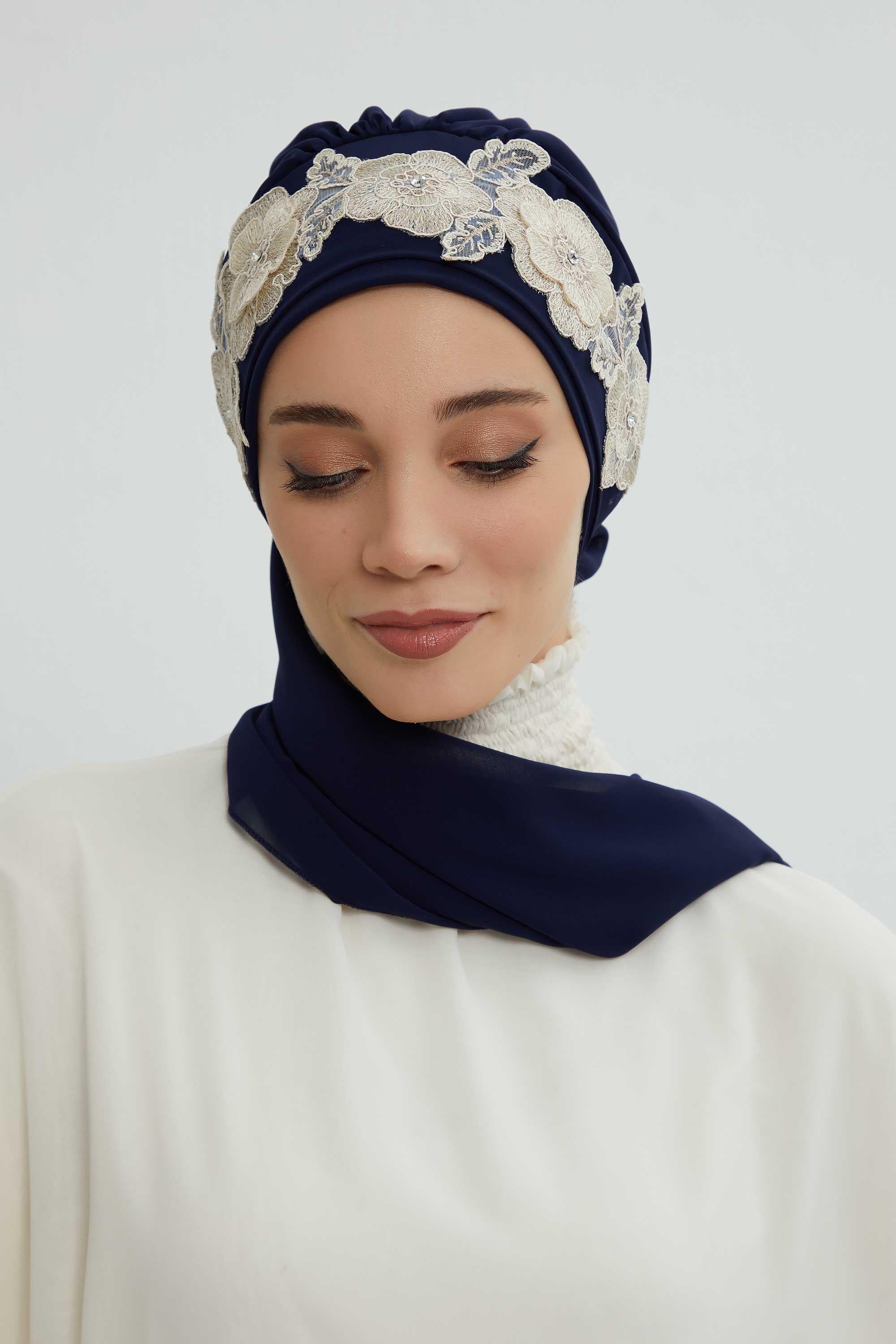 Çiçekli Taç Aksesuarlı Şifon Hazır Türban,HT-103,HT-103