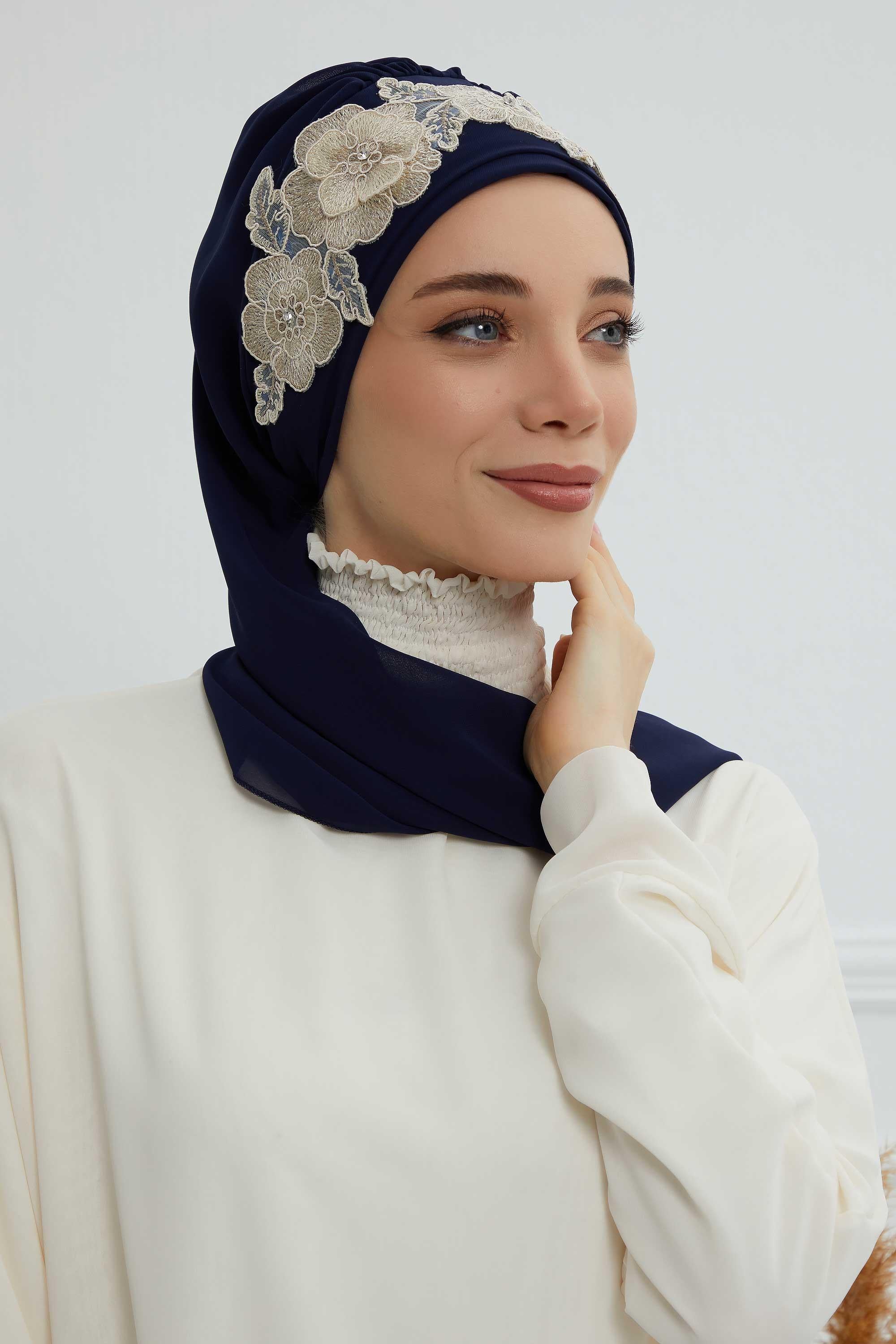 Çiçekli Taç Aksesuarlı Şifon Hazır Türban,HT-103,HT-103