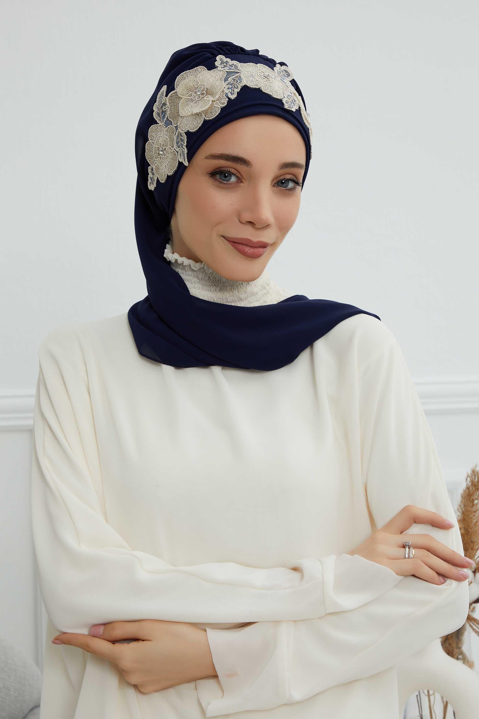 Çiçekli Taç Aksesuarlı Şifon Hazır Türban,HT-103,HT-103