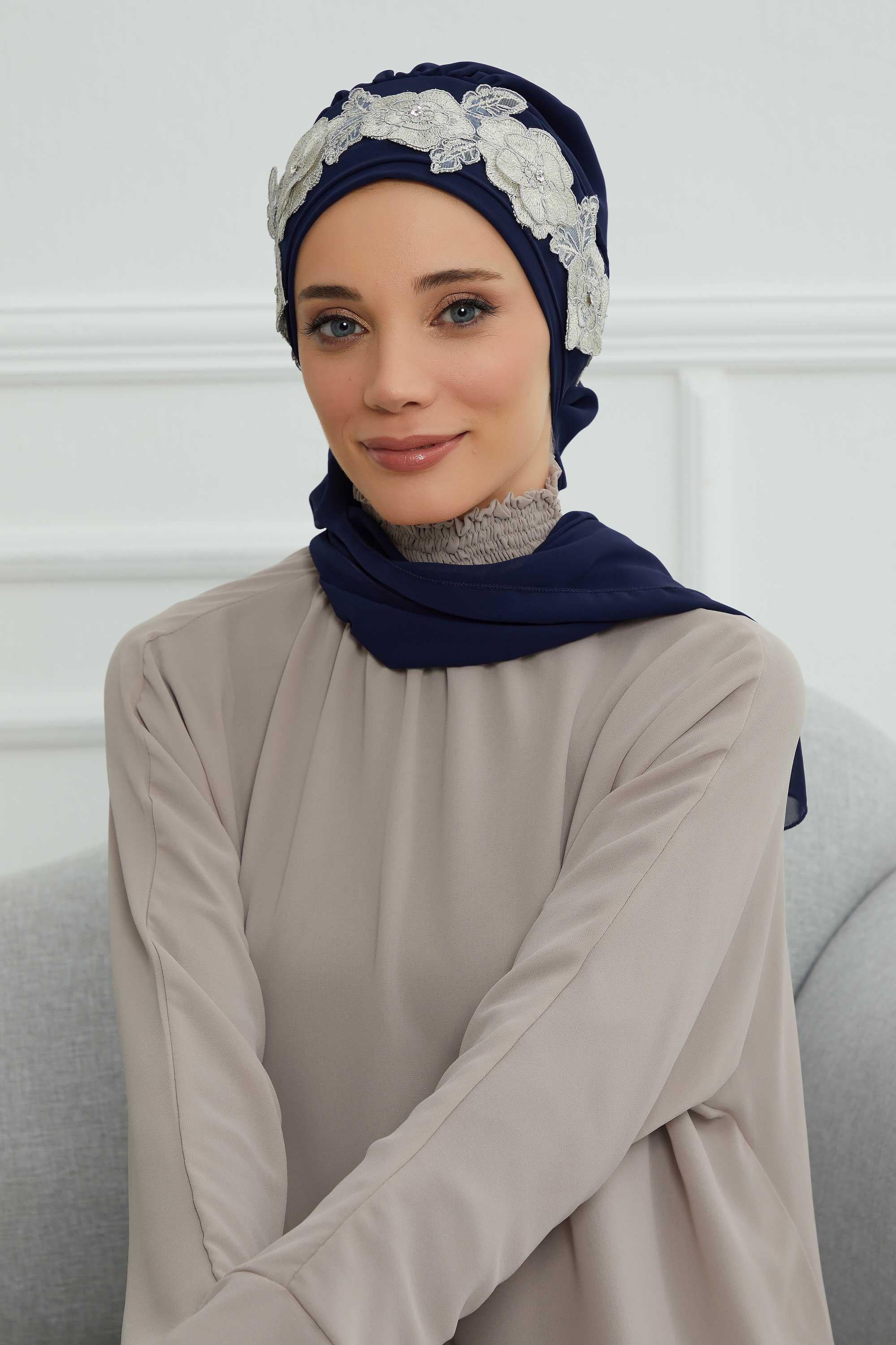 Çiçekli Taç Aksesuarlı Şifon Hazır Türban,HT-103,HT-103