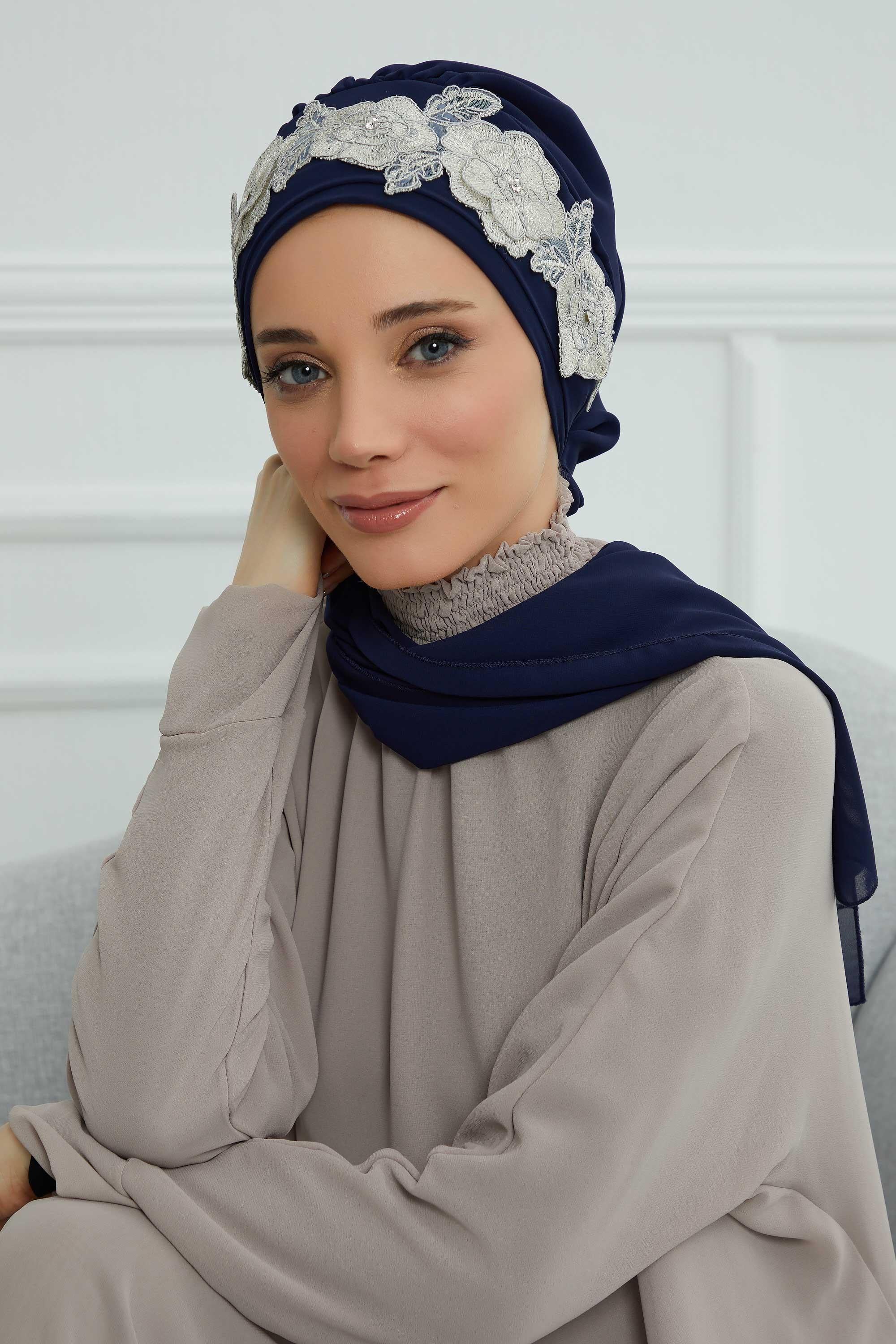 Çiçekli Taç Aksesuarlı Şifon Hazır Türban,HT-103,HT-103