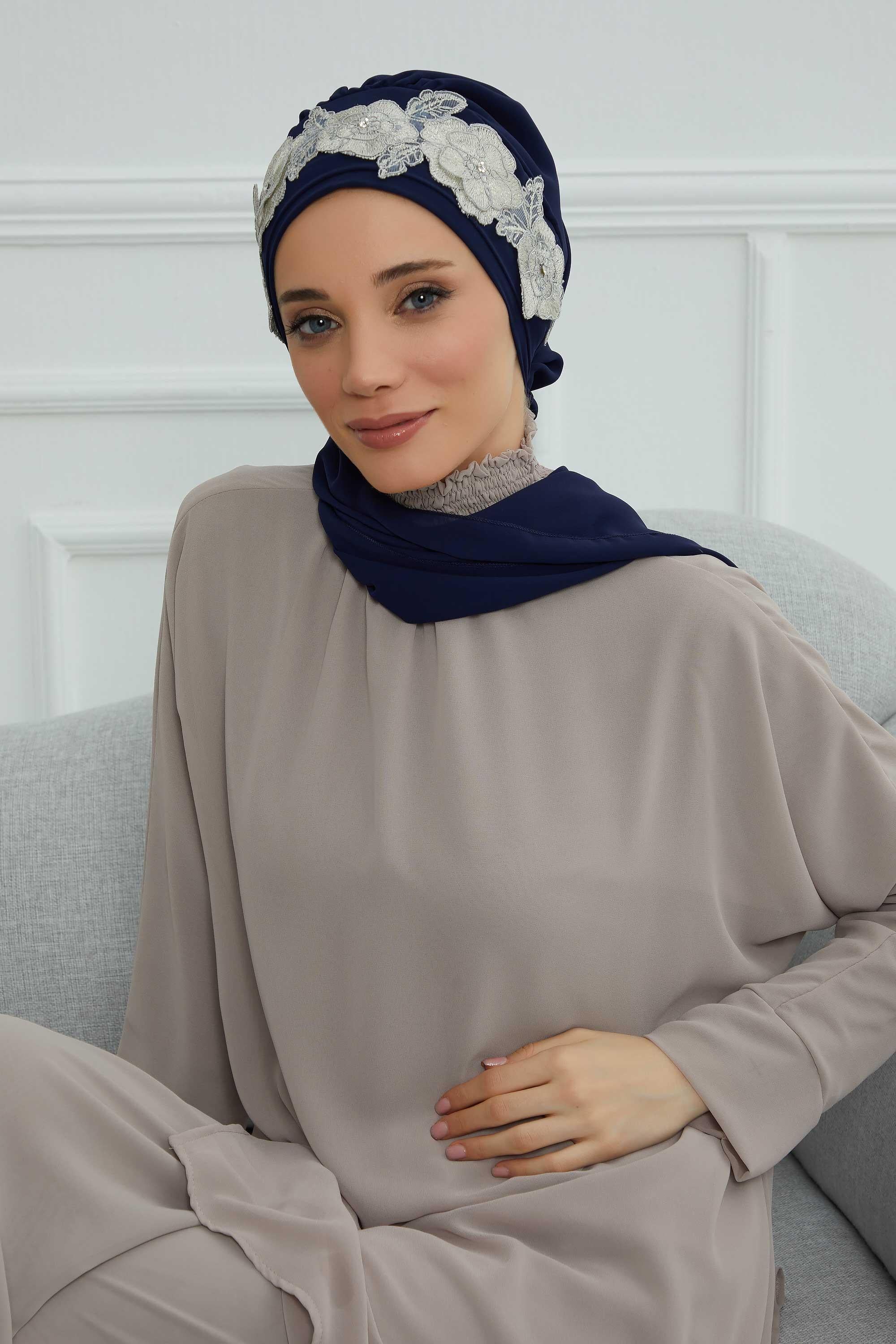 Çiçekli Taç Aksesuarlı Şifon Hazır Türban,HT-103,HT-103