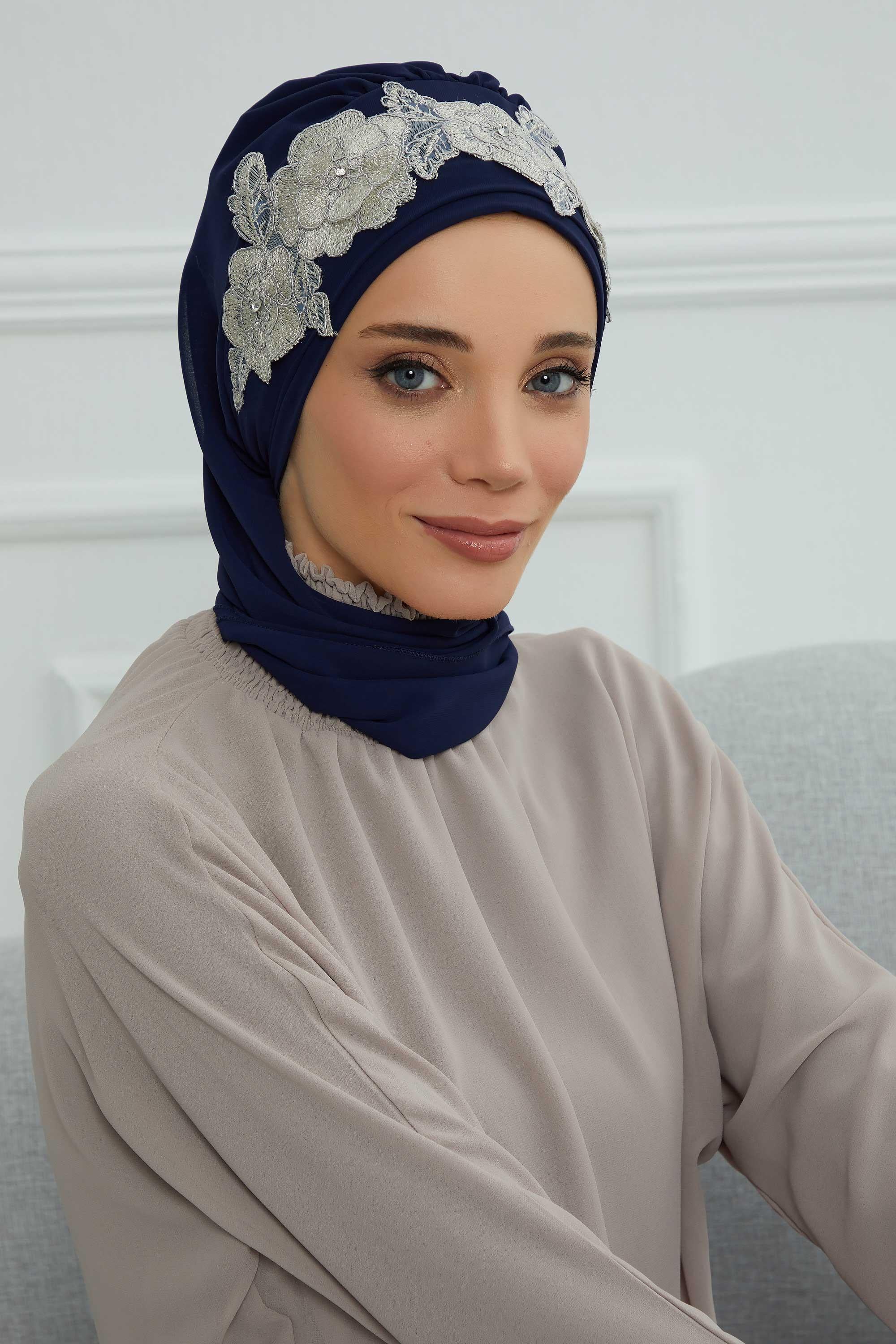 Çiçekli Taç Aksesuarlı Şifon Hazır Türban,HT-103,HT-103