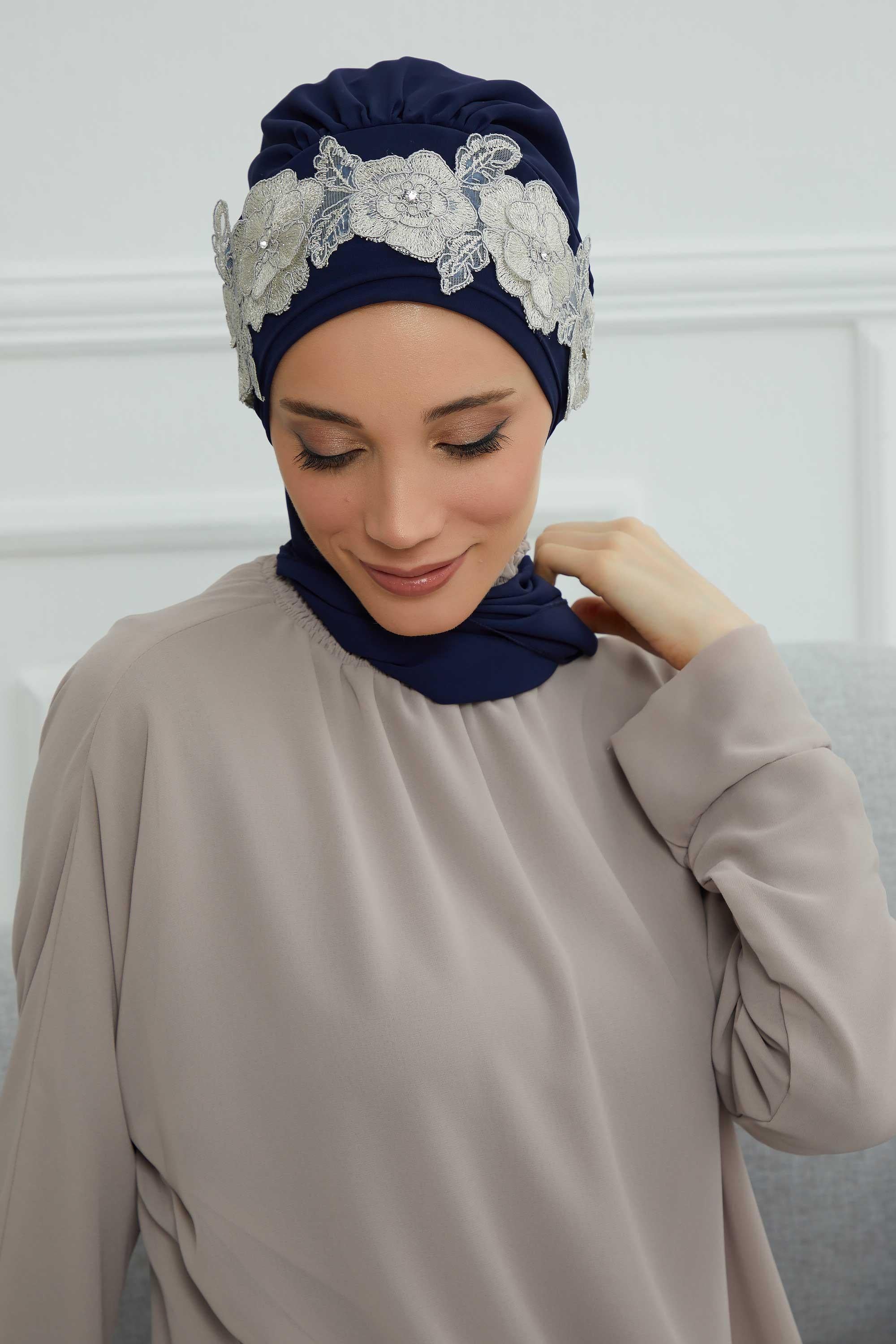 Çiçekli Taç Aksesuarlı Şifon Hazır Türban,HT-103,HT-103