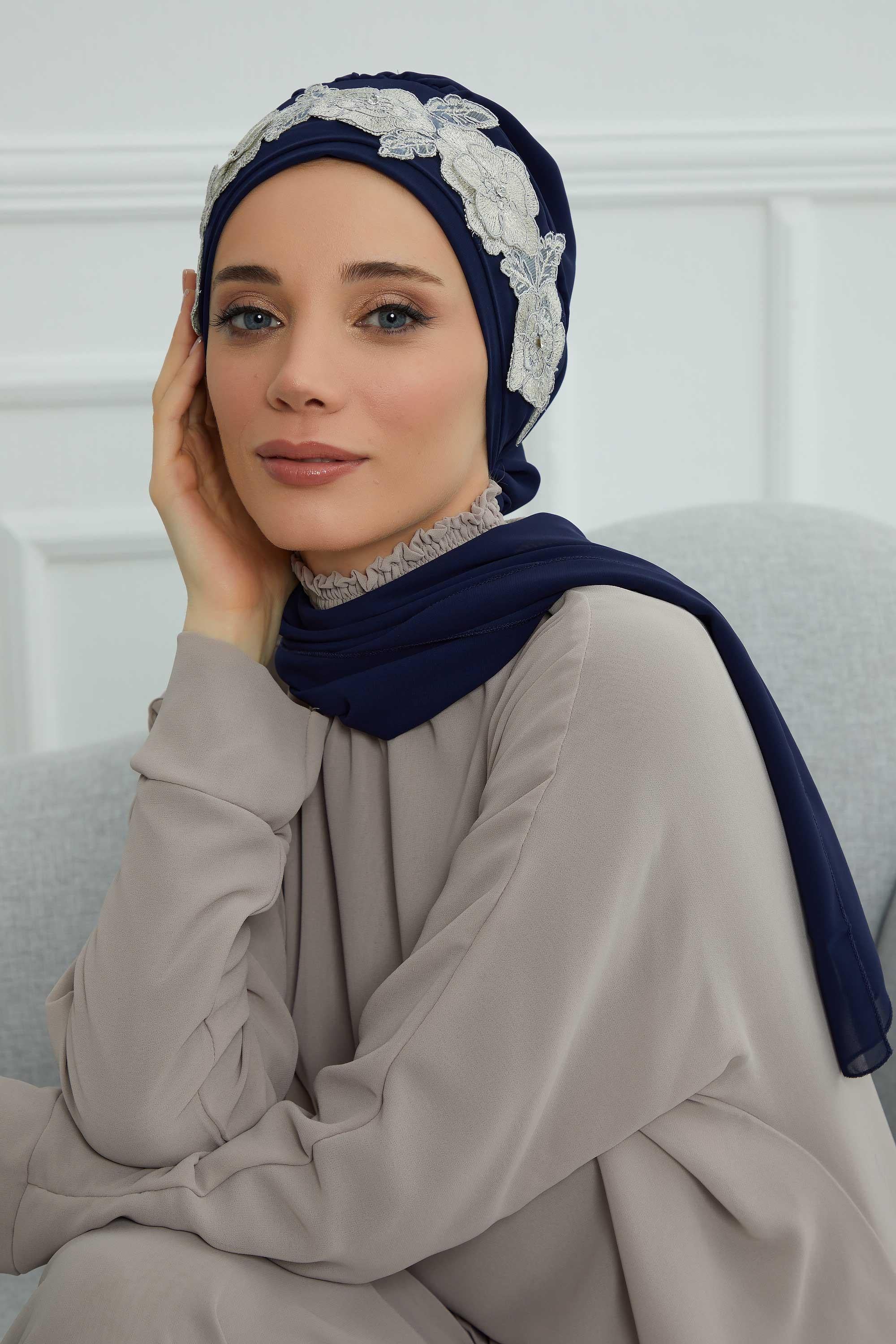 Çiçekli Taç Aksesuarlı Şifon Hazır Türban,HT-103,HT-103