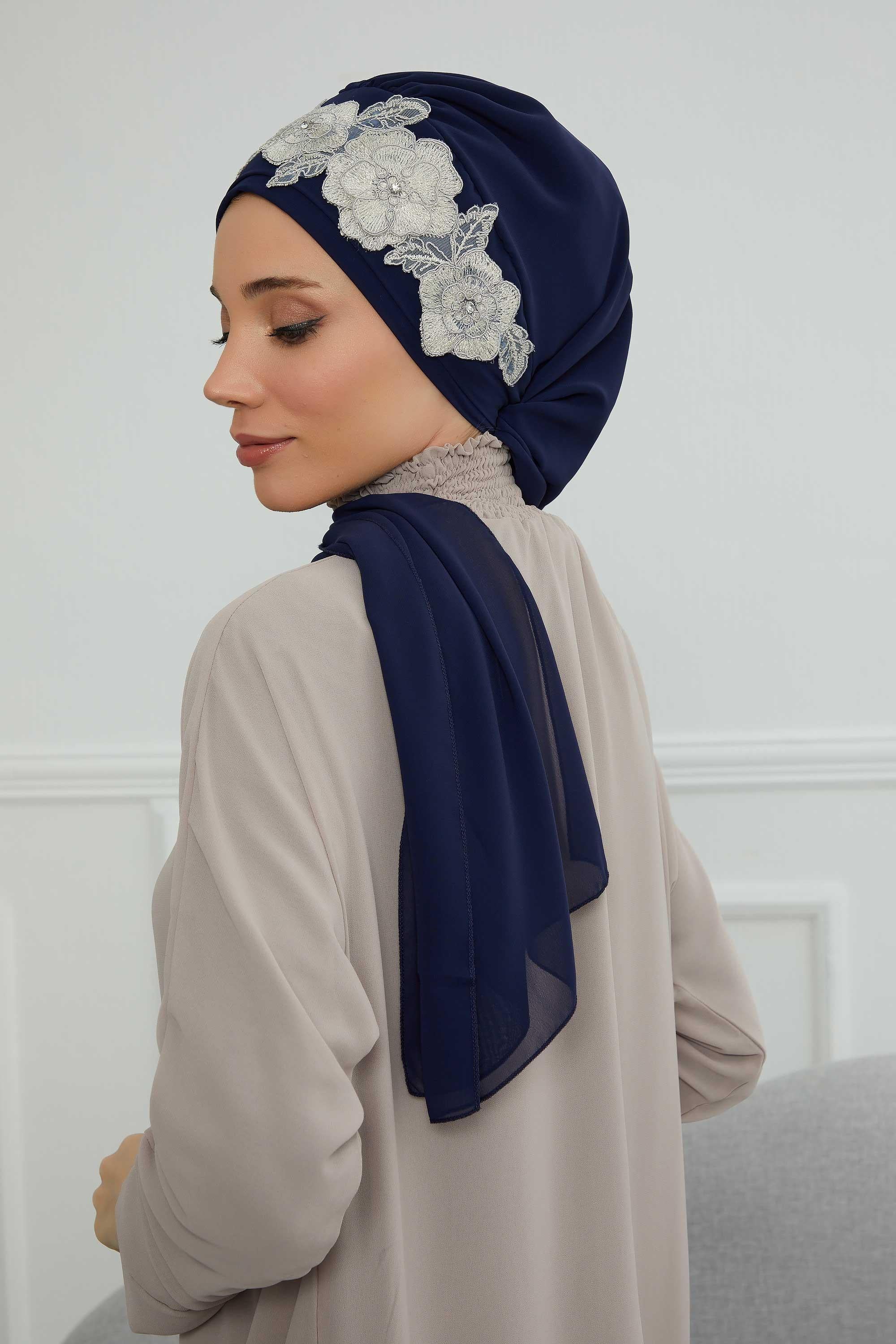 Çiçekli Taç Aksesuarlı Şifon Hazır Türban,HT-103,HT-103