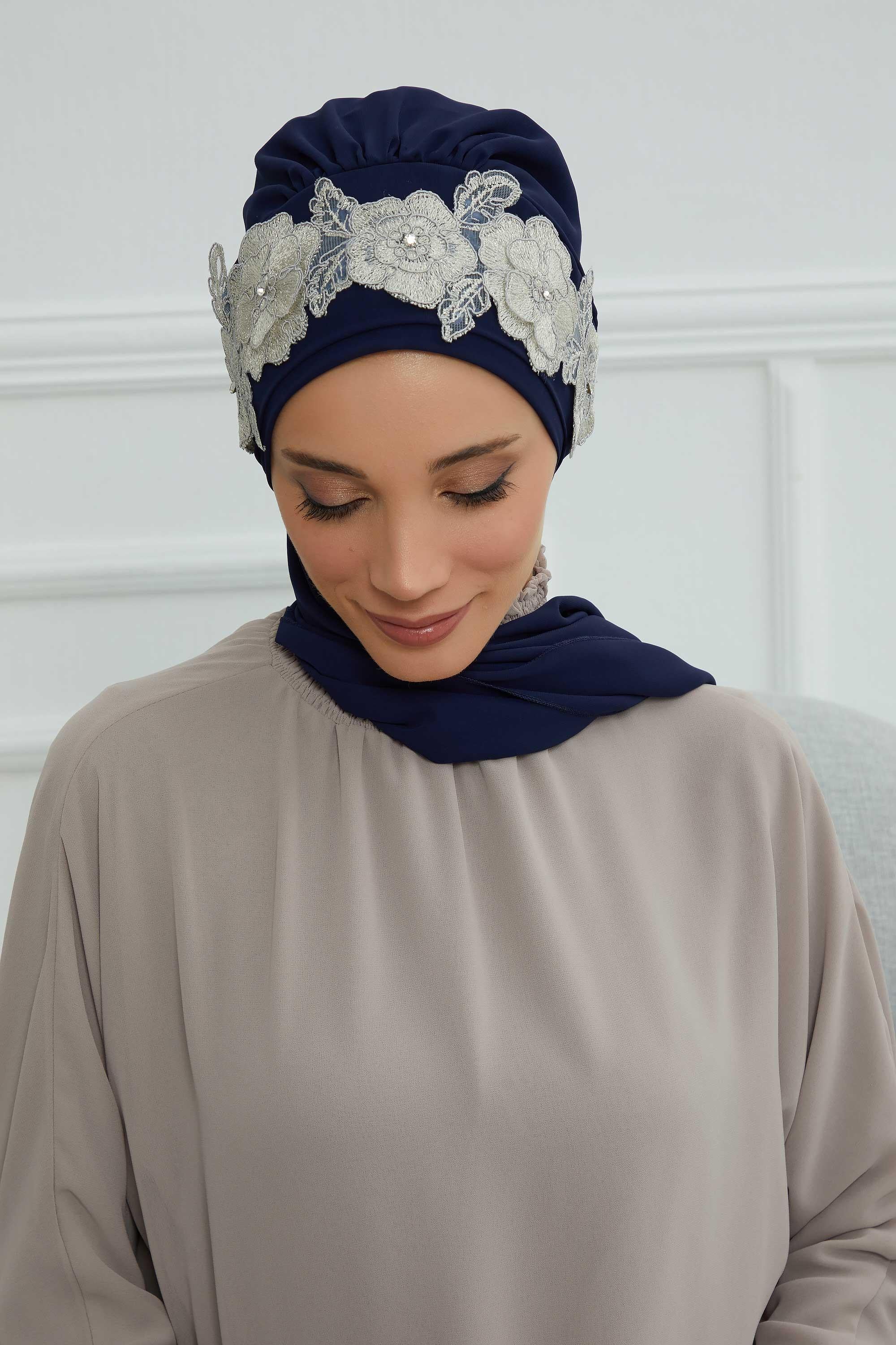 Çiçekli Taç Aksesuarlı Şifon Hazır Türban,HT-103,HT-103