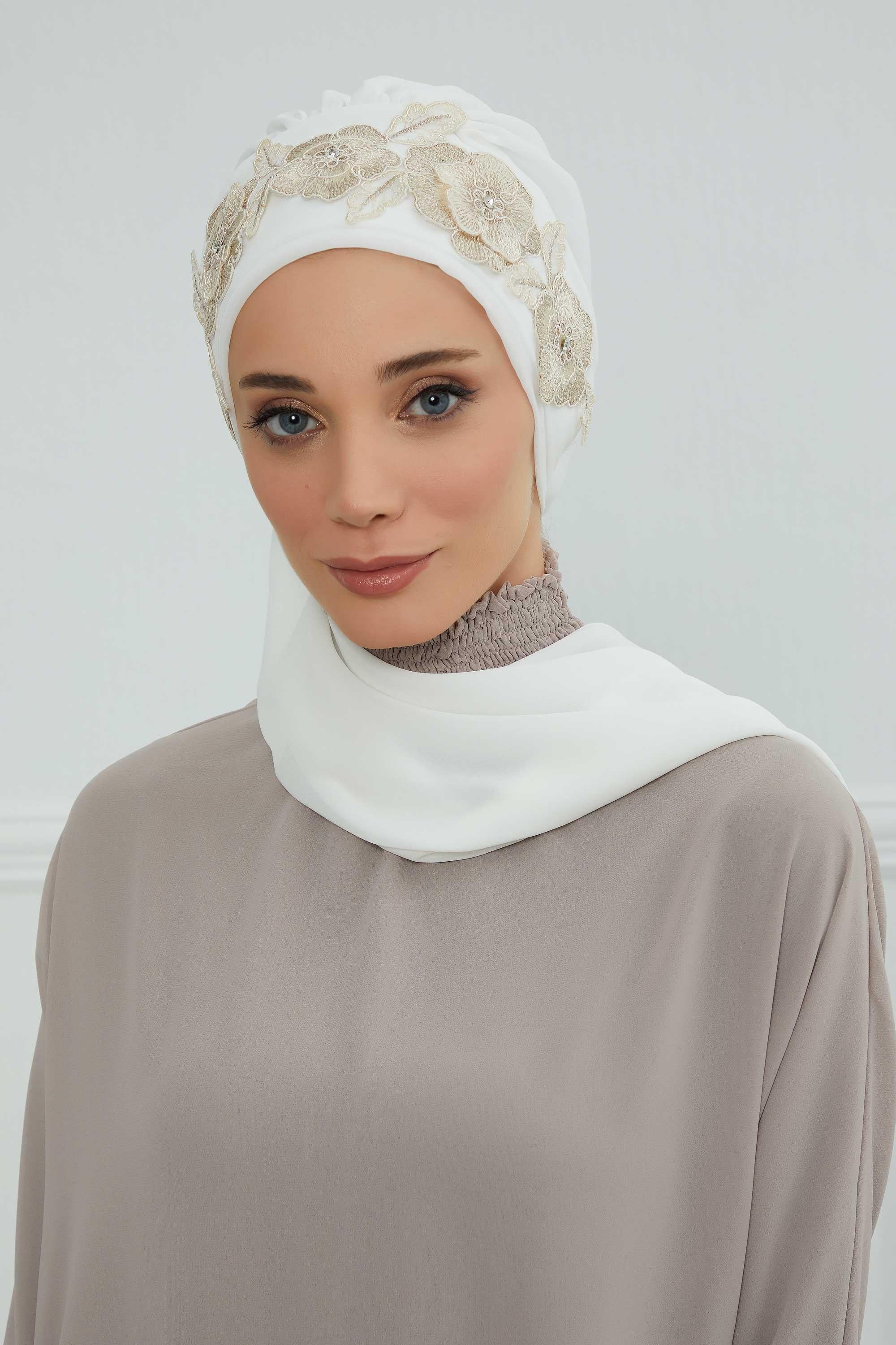 Çiçekli Taç Aksesuarlı Şifon Hazır Türban,HT-103,HT-103