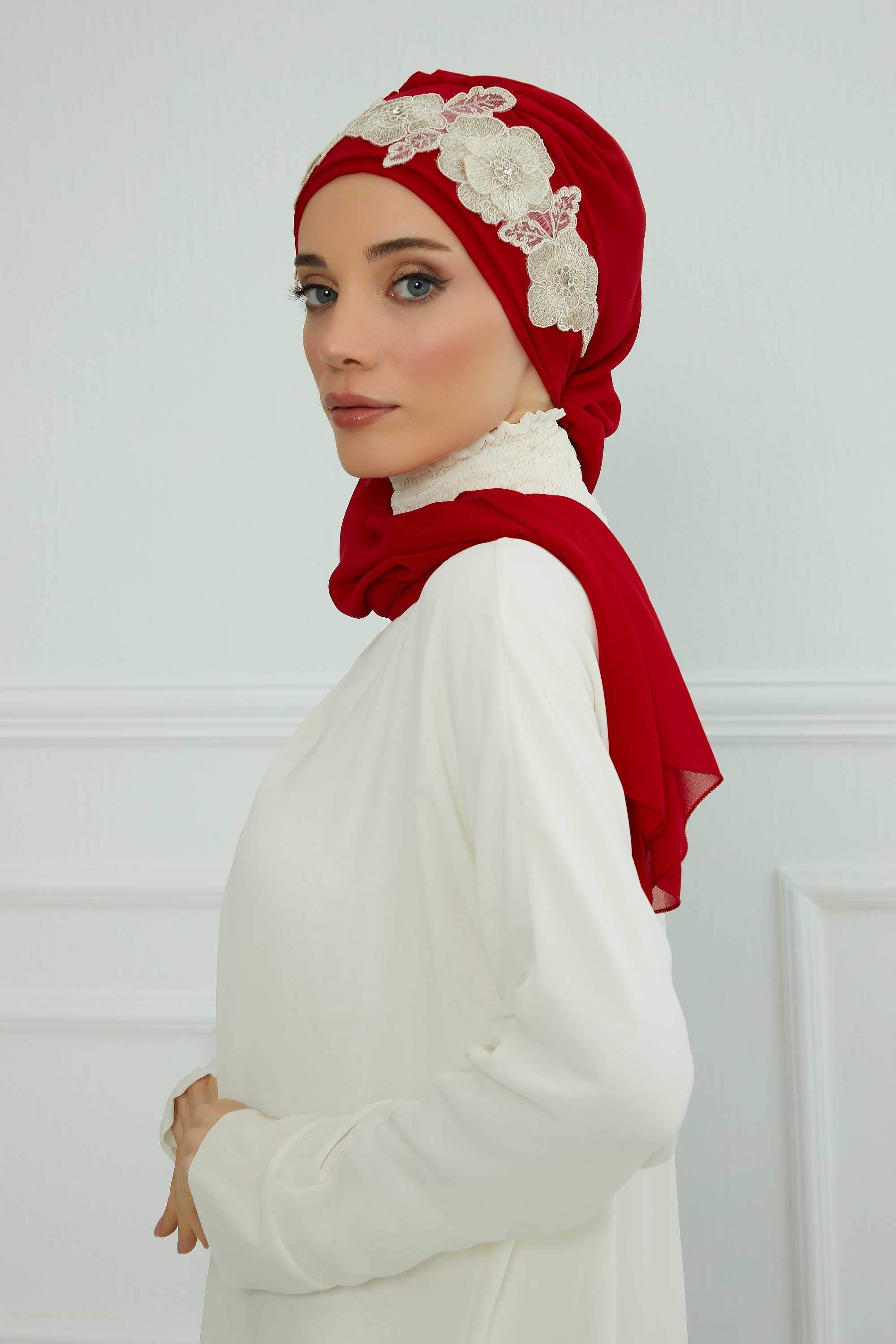 Çiçekli Taç Aksesuarlı Şifon Hazır Türban,HT-103,HT-103